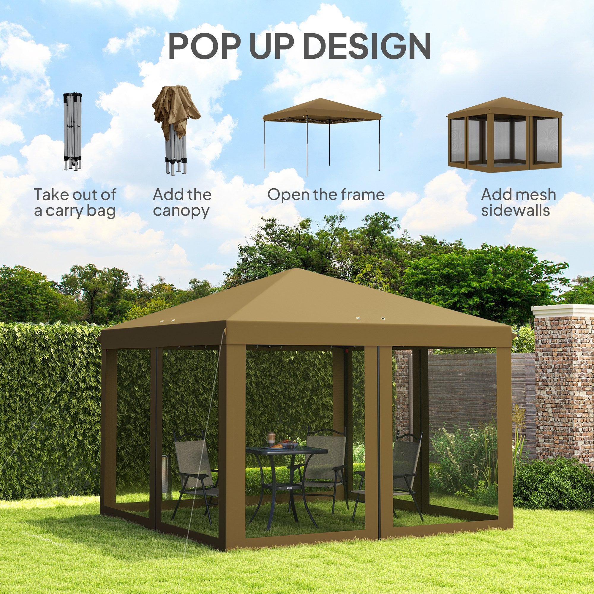 Outsunny 3 x 3\'c2\'a0m Pop Up Gazebo, 420D Garden Tent Canopy with Removable Mesh Sidewall Netting, Carry Bag for Garden Patio Outdoor, Khaki