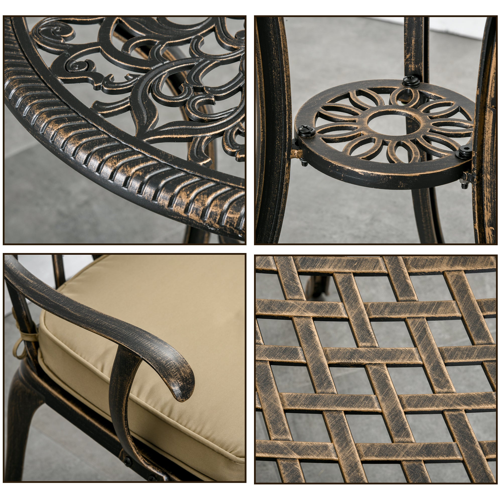 Outsunny 3 Piece Cast Aluminium Garden Bistro Set for 2 with Parasol Hole, Outdoor Coffee Table Set Rust Resistant with Cushions - Bronze