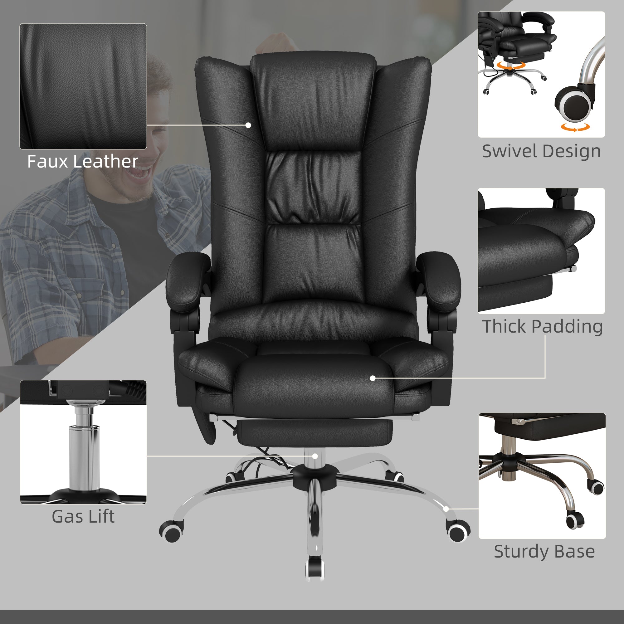 Vinsetto High Back Vibration Massage Office Chair, Heated Reclining PU Leather Computer Chair with 135\'c2\'b0 Reclining Back and Footrest, Black