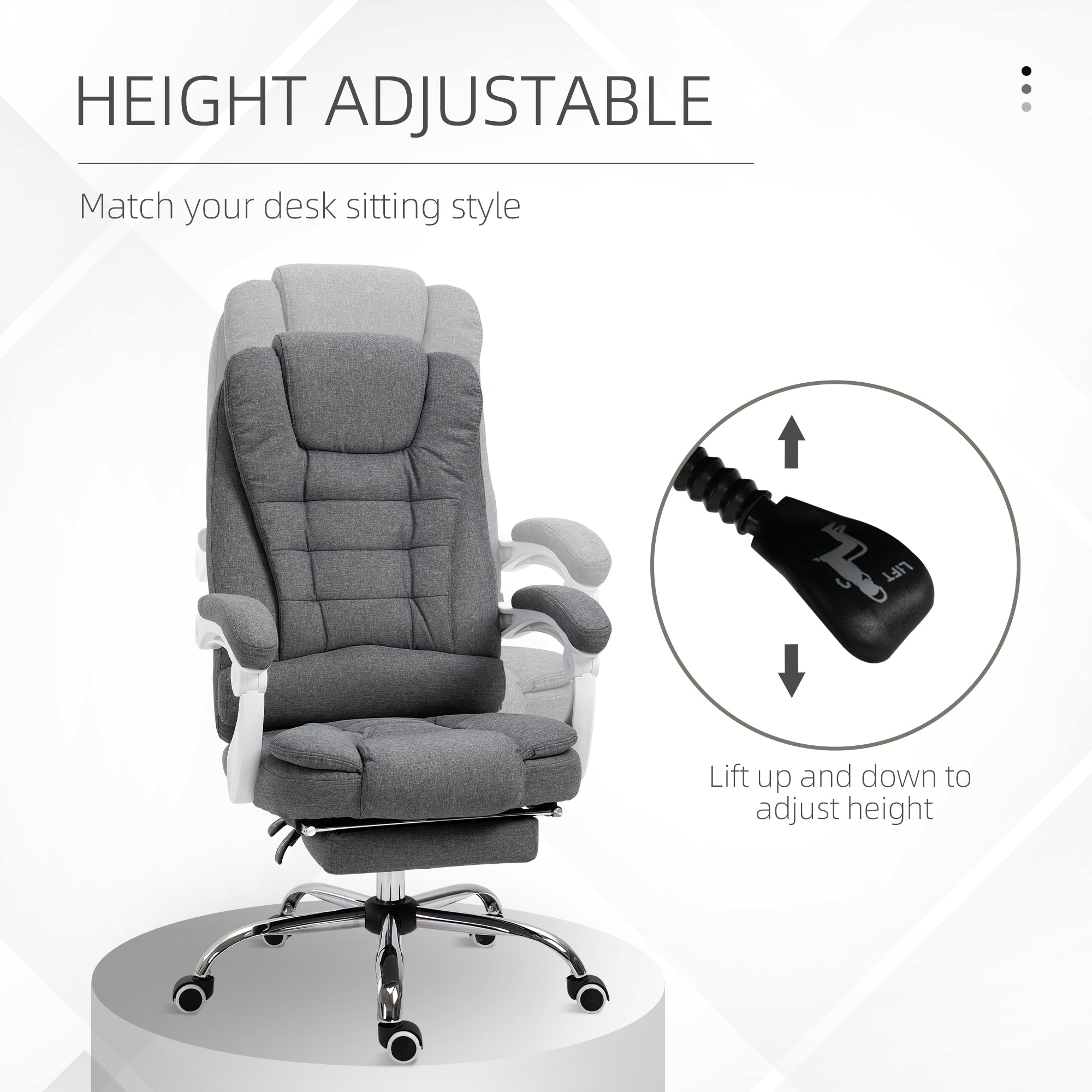 Vinsetto Office Chair, Computer Desk Chair, Linen Fabric Swivel Rolling Task Chair with Large Soft Padded Cushion, 135\'c2\'b0 Reclining Backrest and Retractable Footrest, Grey