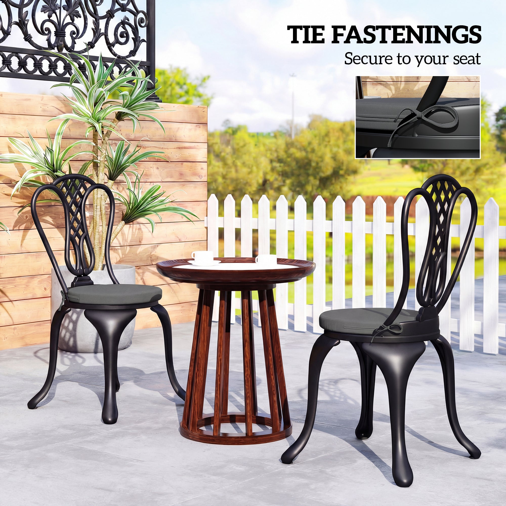 Outsunny Outdoor Bistro Chair Cushions Set of 4 with Removable Cover, 41 x 41 x 5 cm Round Seat Cushions with Ties, Dark Grey