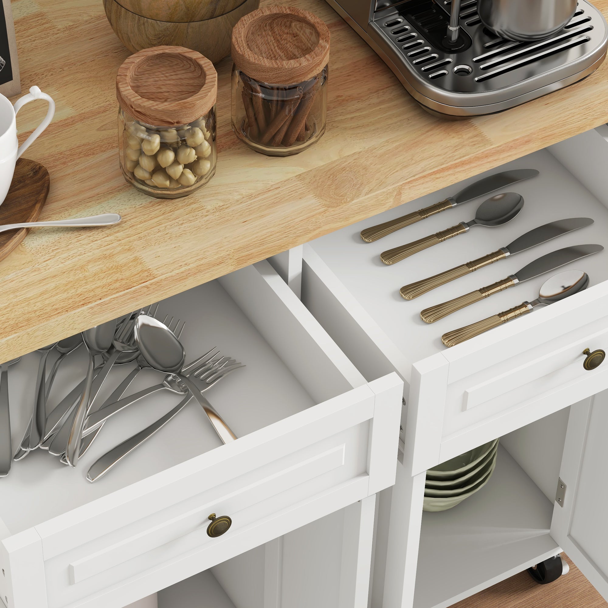 HOMCOM Rolling Kitchen Island Storage Trolley with Rubber Wood Top & Drawers for Dining Room, Cream White