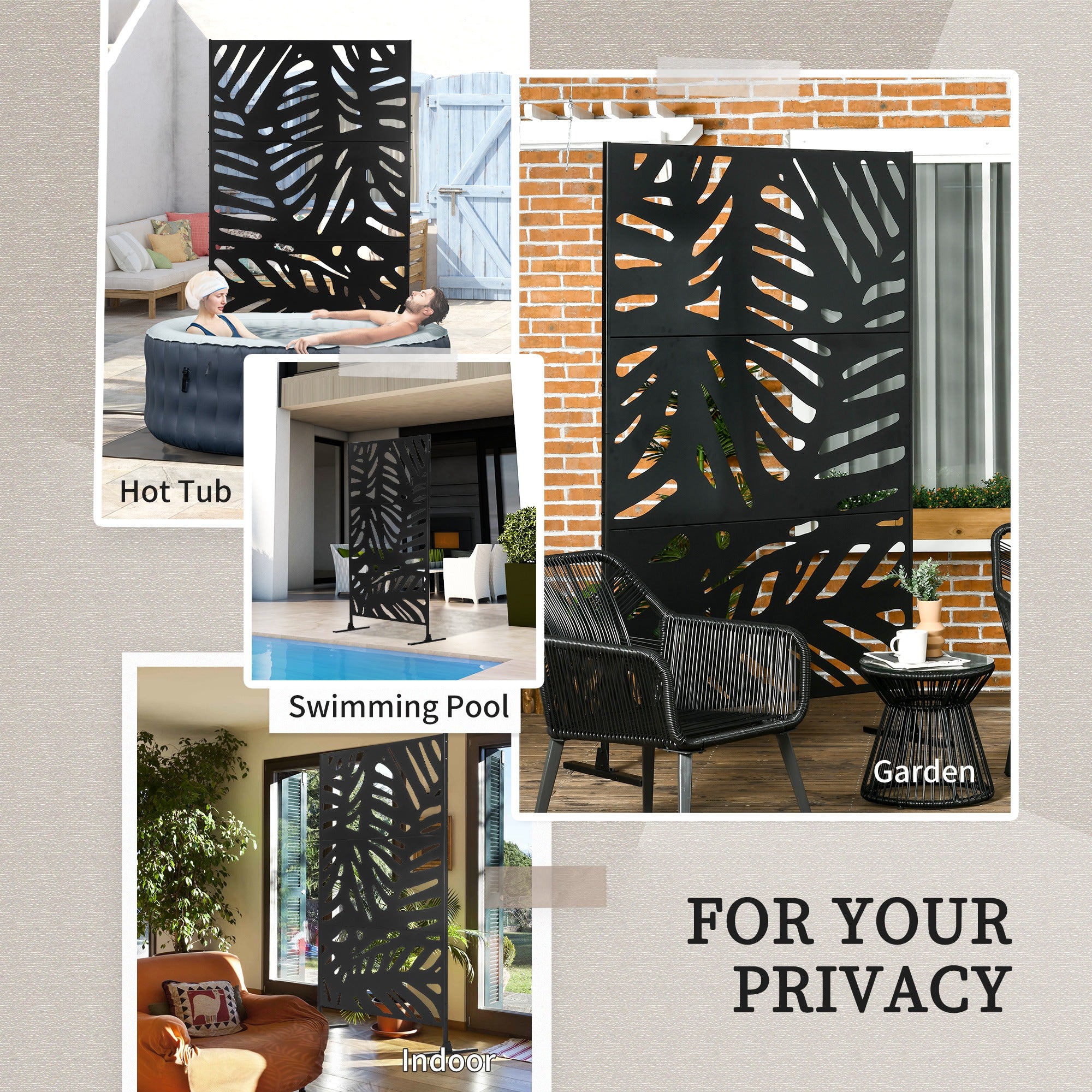 Outsunny Freestanding Outdoor Privacy Screen, Decorative Metal Garden Divider with Stand for Deck, Pool, 48" x 78" Black