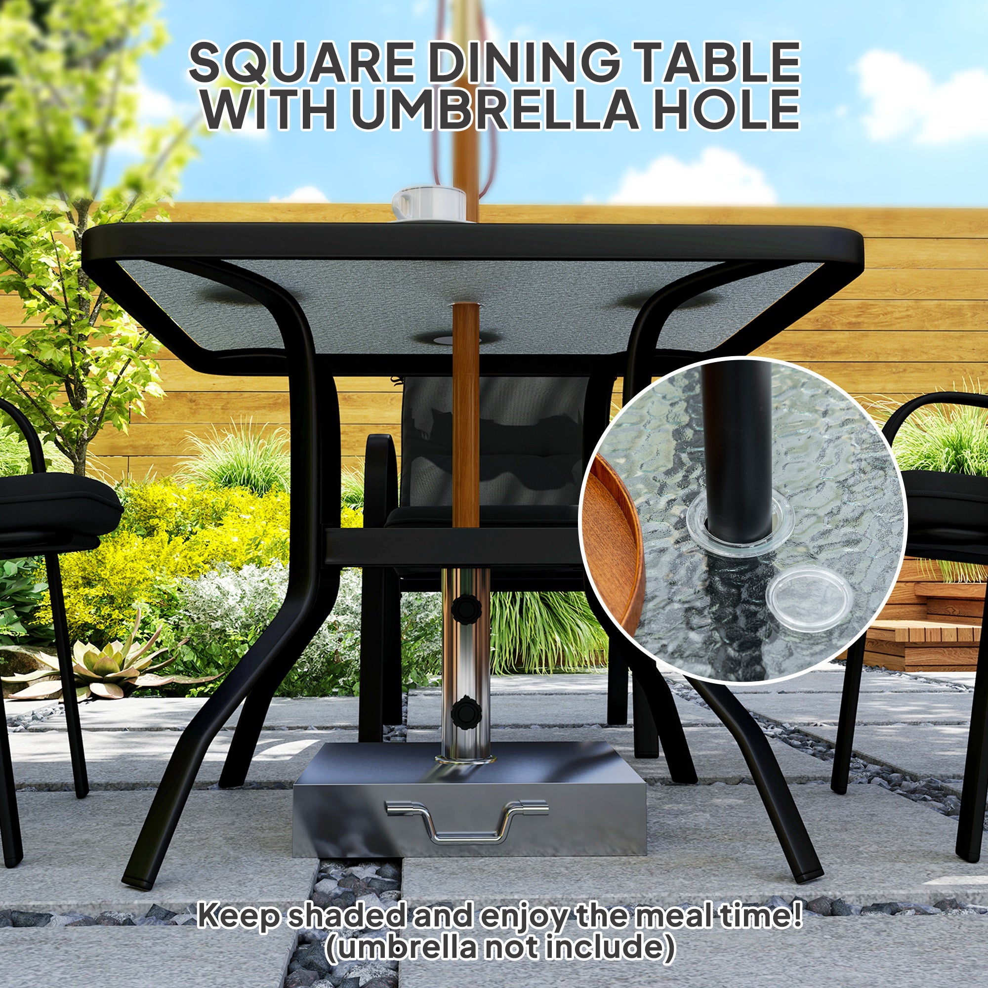 Outsunny 5 Pieces Outdoor Square Garden Dining Set w/ Tempered Glass Dining Table 4 Cushioned Armchairs, Umbrella Hole, Black