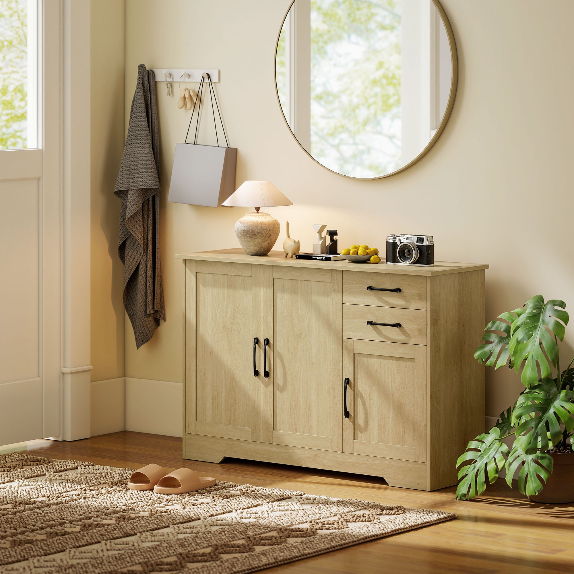 HOMCOM Sideboard with 2 Drawers Modern Storage Cabinet, Kitchen Cupboard with Adjustable Shelf and 3 Doors Natural