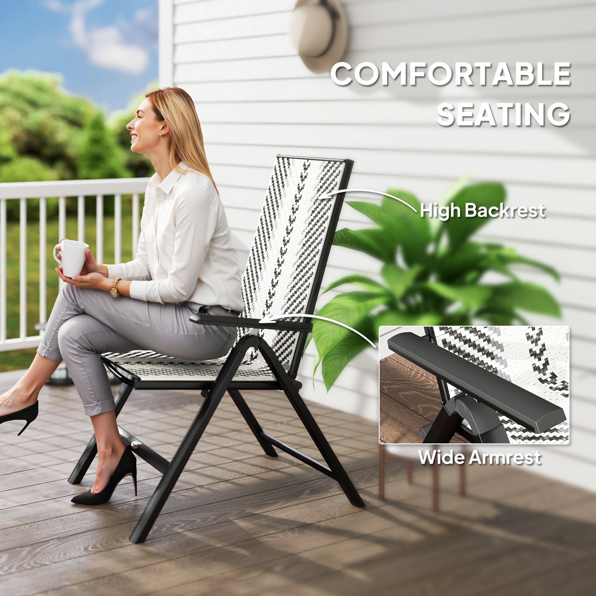 Outsunny Outdoor Rattan Folding Chair with 5-Position Adjustable Backrest, Wicker Garden Dining Chair with Wide Armrest, Set of 2 for Patio, Terrace, Balcony, Grey