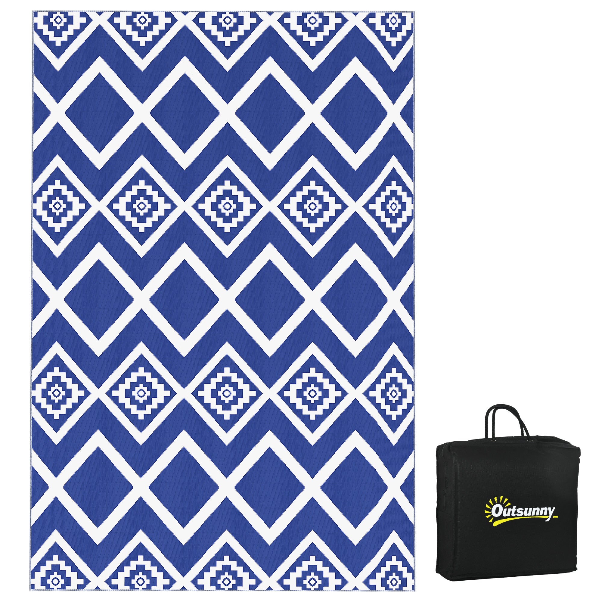 Outsunny Plastic Straw Reversible RV Outdoor Rug with Carry Bag, 182 x 274cm, Blue and White