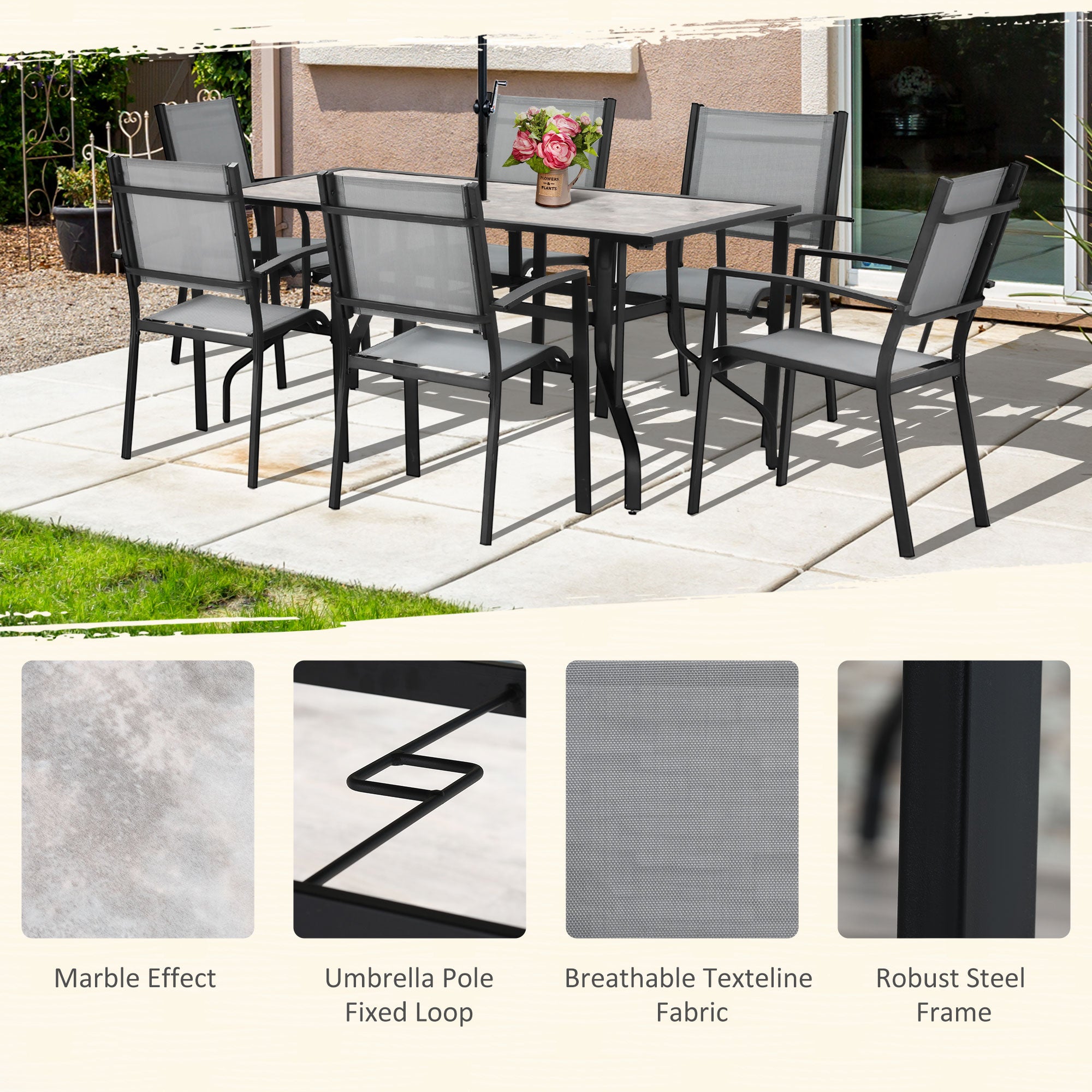 Outsunny 7 Pieces Garden Dining Set, 6 Seater Garden Table and Chairs with Parasol Hole, Outdoor Furniture Armchairs and Stone-like Plastic Top Table with Breathable Mesh Fabric Seat, Grey