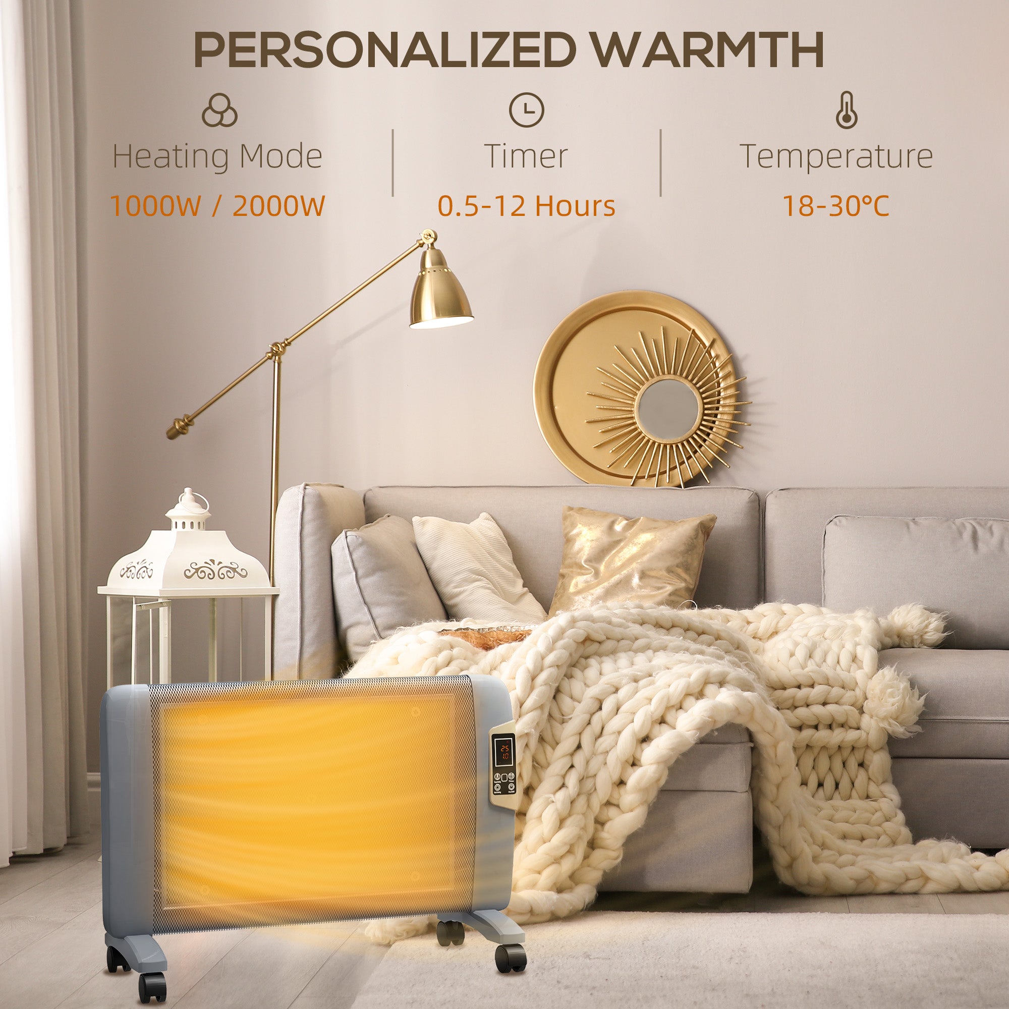 HOMCOM Mica Electric Space Heater, Portable Heater for Home with 2 Heat Settings, Living Room, Study, Garage, Adjustable Temperature 18-30\'c2\'b0C, 1000W/2000W, Grey