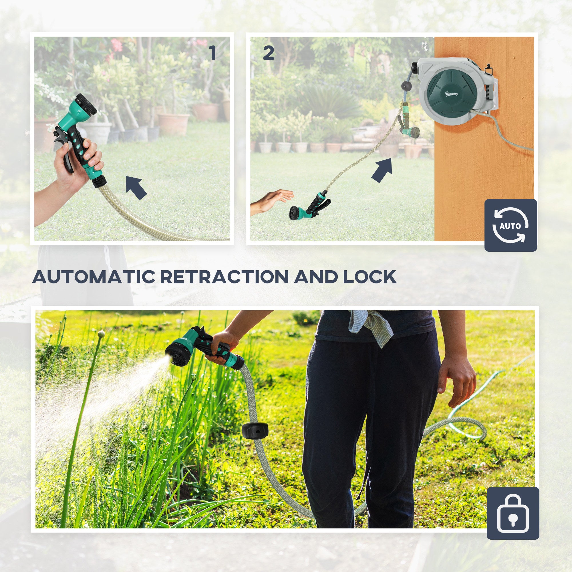 Outsunny Retractable Hose Reel Wall Mounted, 20+2m Garden Hose Pipe Reel with Lock, Auto Rewind, 7 in 1 Spray Nozzle, Includes Wall Fixings, 180\'c2\'b0 Swivel, Outdoor Watering, Light Grey