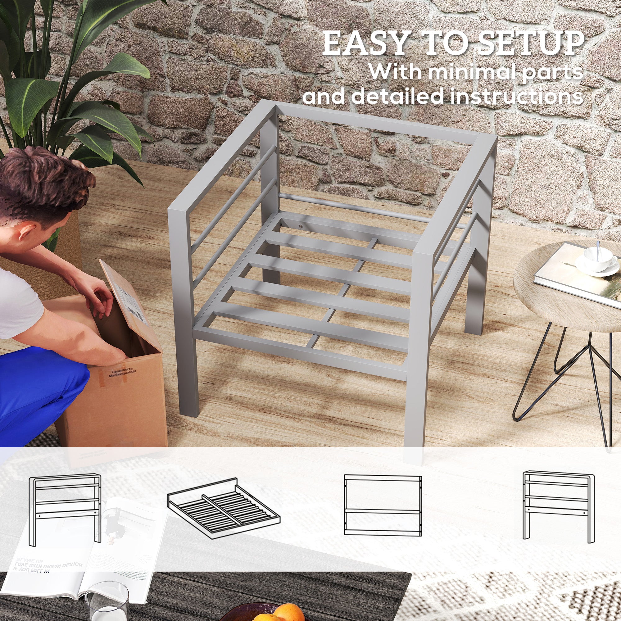 Outsunny Patio Furniture Aluminium Armchair, All-Weather Outdoor Single Sofa, Metal Frame Outdoor Chair with Cushions for Garden, Balcony, Charcoal Grey