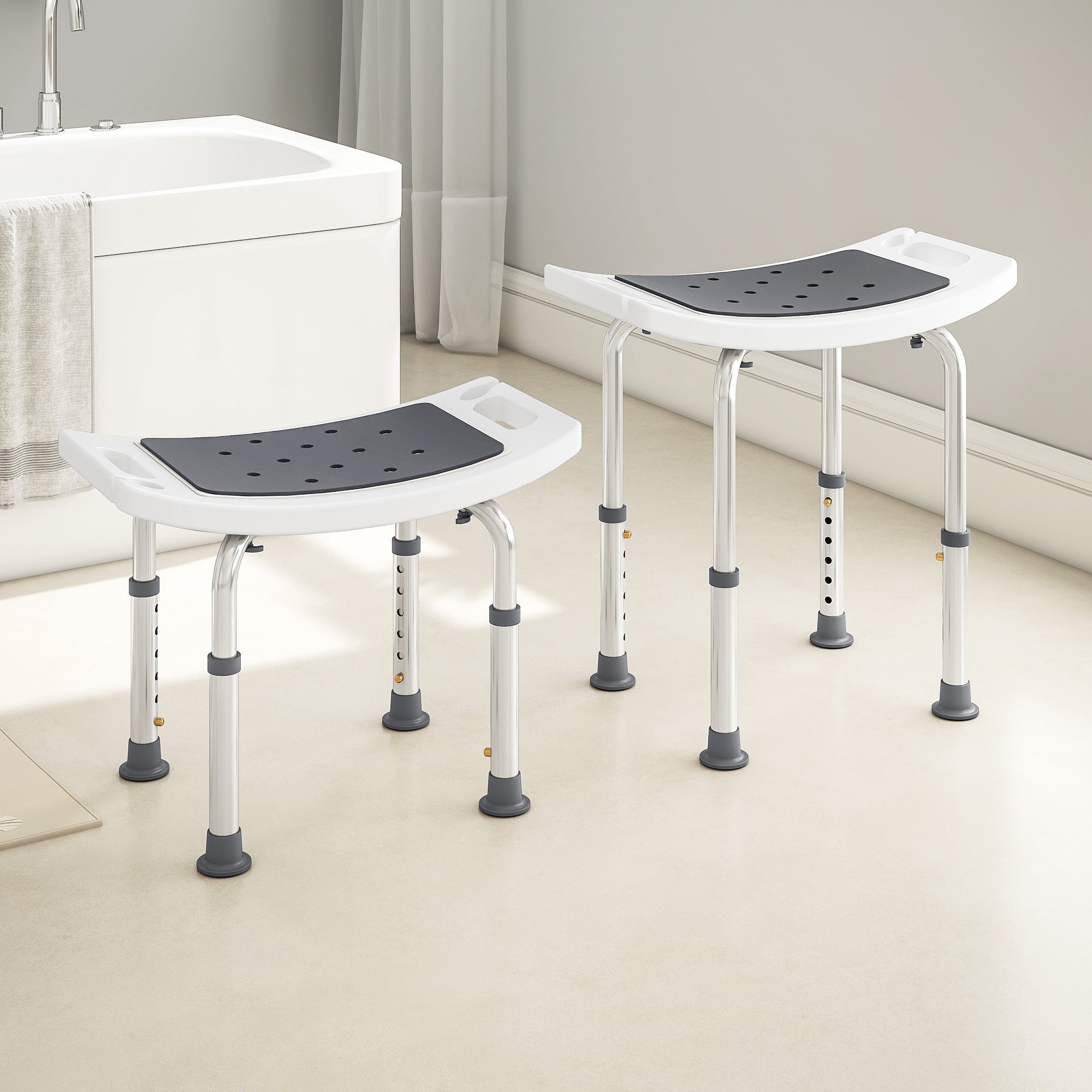 HOMCOM 6-Level Height Adjustable Aluminium Bath Room Stool Chair Shower Non-Slip Design w/ Padded Seat Drainage Holes Foot Pad, Grey
