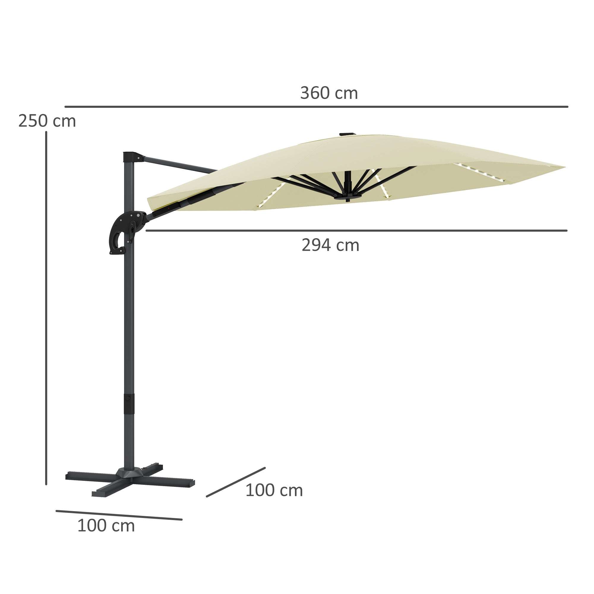 Outsunny 3(m) Cantilever Garden Parasol with Solar Powered Lights, Crank Handle & Cross Base, UPF 50+, 360° Rotation, Cream