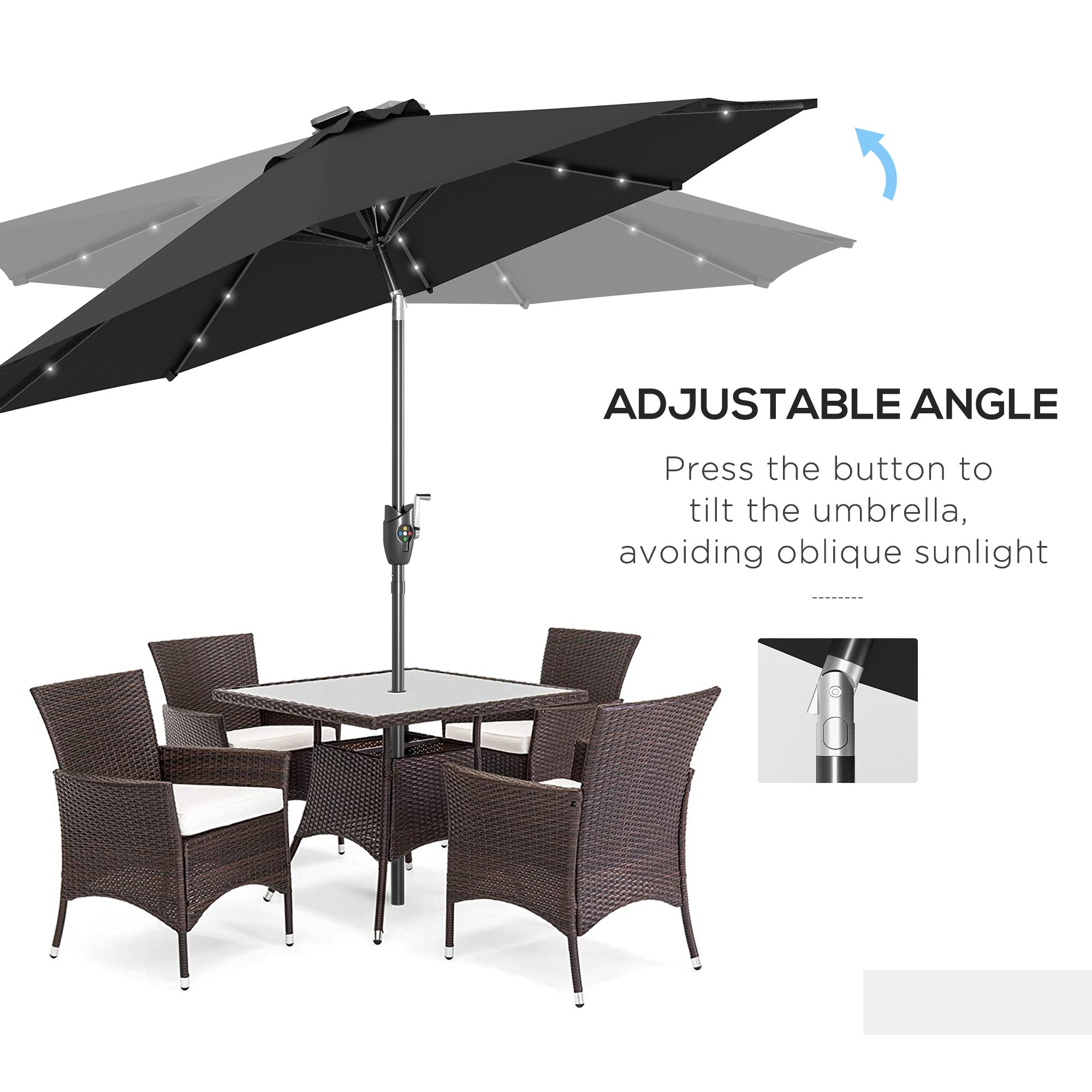 Outsunny \'ce\'a62.7m Garden Parasol Solar Outdoor Tilt Sun Umbrella Patio Sun Shade w/ 24 LED Light, Hand Crank and 8 Ribs, Black