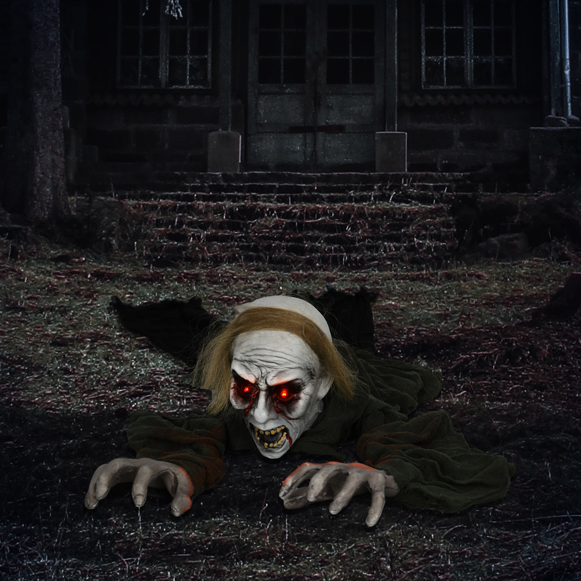 HOMCOM 167 cm Outdoor Halloween Decoration Crawling Zombie, Animated Prop Decor with Sound Activated, Light Up Eyes