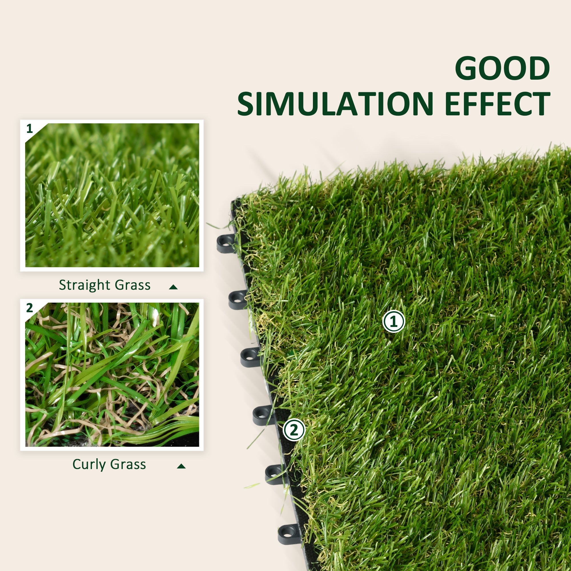 Outsunny 10-Piece Artificial Grass Set, Weatherproof Turf Tiles, 25mm Pile Height, Outdoor Carpet for Garden, Balcony & Patio, 30 x 30cm, Dark Green