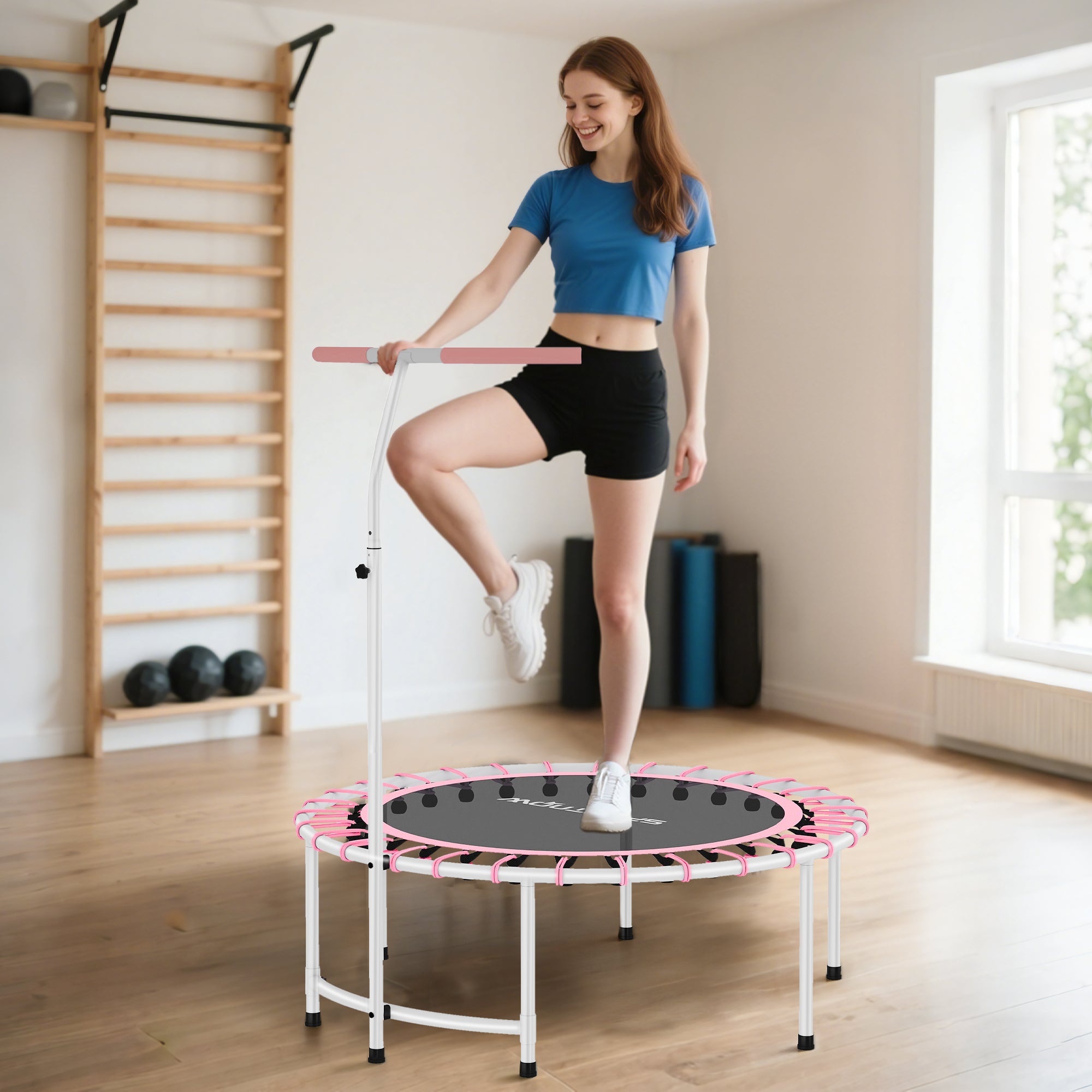 SPORTNOW 40" Fitness Trampoline, Mini Rebounder Trampoline for Adults with 5-Level Adjustable Handle, Indoor Exercise Bungee Rebounder, Max Load 100KG, Pink