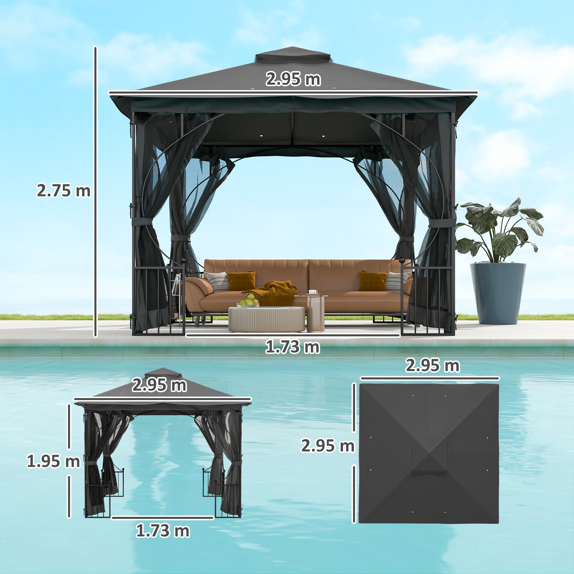 Outsunny 3 x 3(m) Garden Gazebo Patio Party Tent Shelter Outdoor Canopy Double Tier Sun Shade Metal Frame Netting, Dark Grey