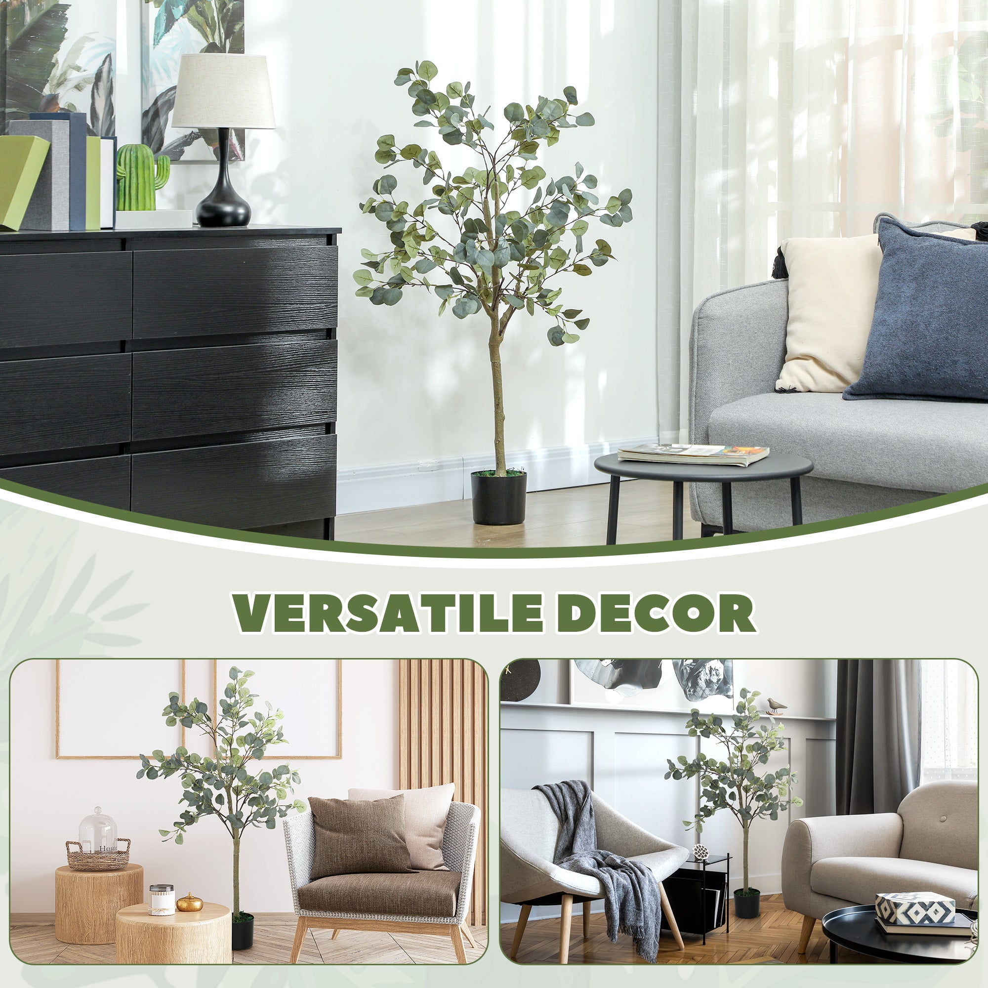 HOMCOM Set of 2 Decorative Artificial Tree, 4ft/ 120cm Silk Eucalyptus Trees with 230 Silver Dollar Leaves in Pot, Fake Plants for Home, Office, Living Room, Indoor Decor