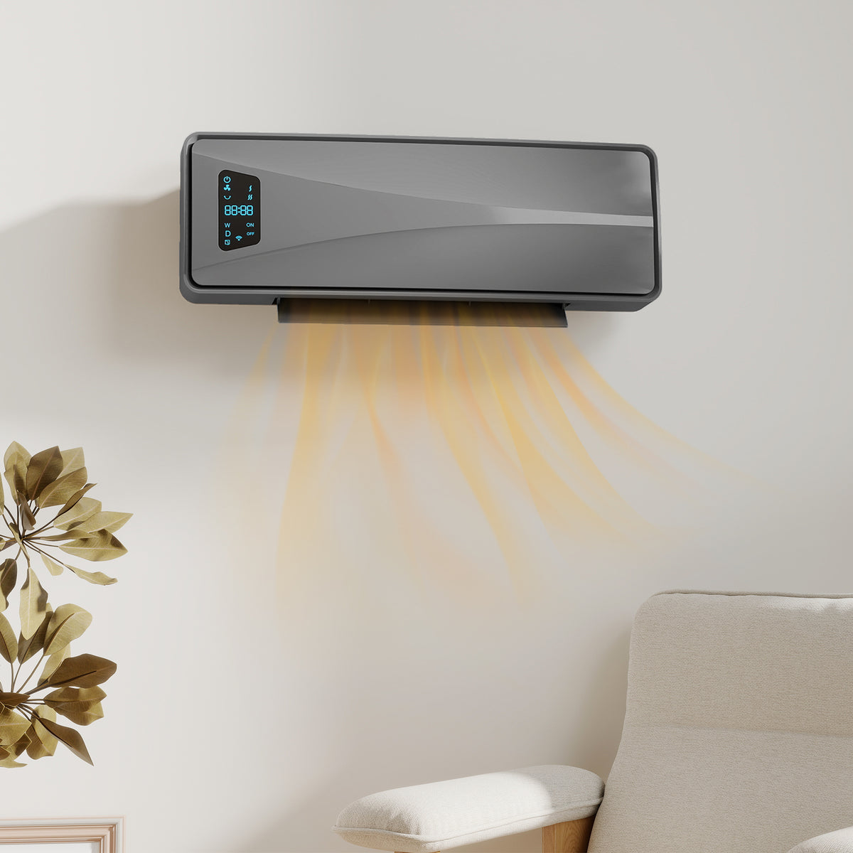 HOMCOM 2000W PTC Ceramic Fan Heater, Wall Mounted, 30° Oscillation, 54L x 18.7W x 14.5H cm - Grey
