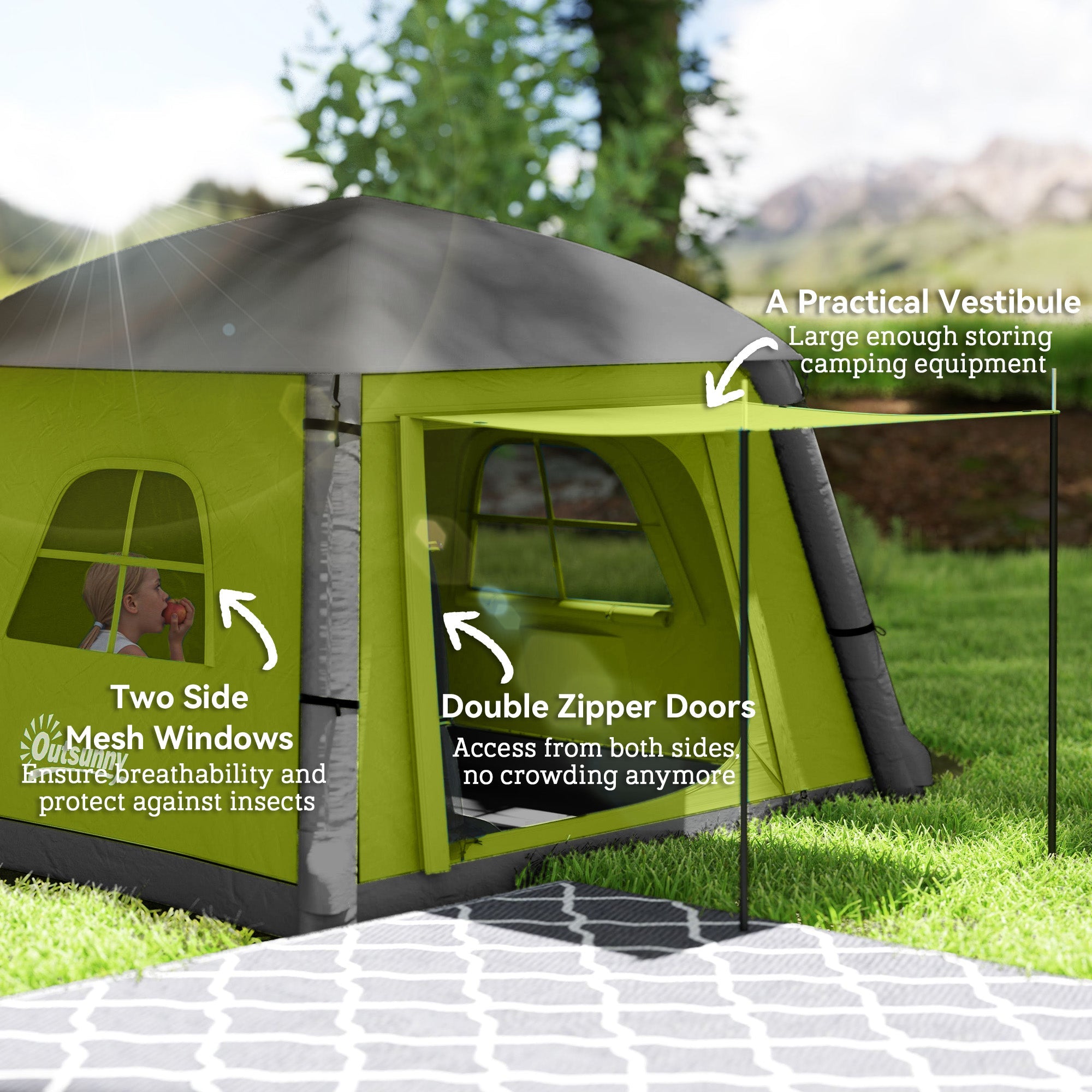 Outsunny Inflatable Camping Tent w/ Hand Pump, Easy Setup 1/2 Person Blow Up Tent Waterproof 190T Taffeta w/ Mesh Windows, Doors and Carry Bag, Green