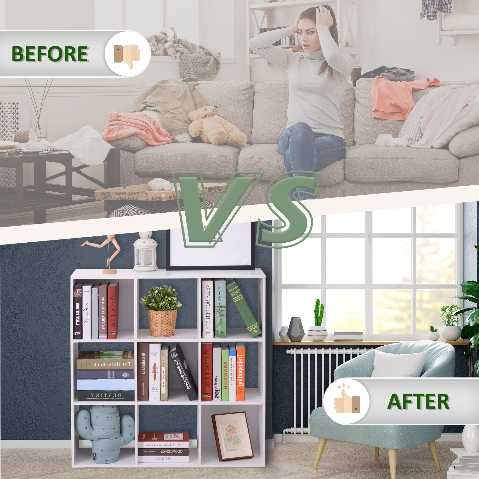 HOMCOM Wooden 9 Cube Storage Cabinet Unit 3 Tier Bookcase Shelves Organiser Rack Display - White