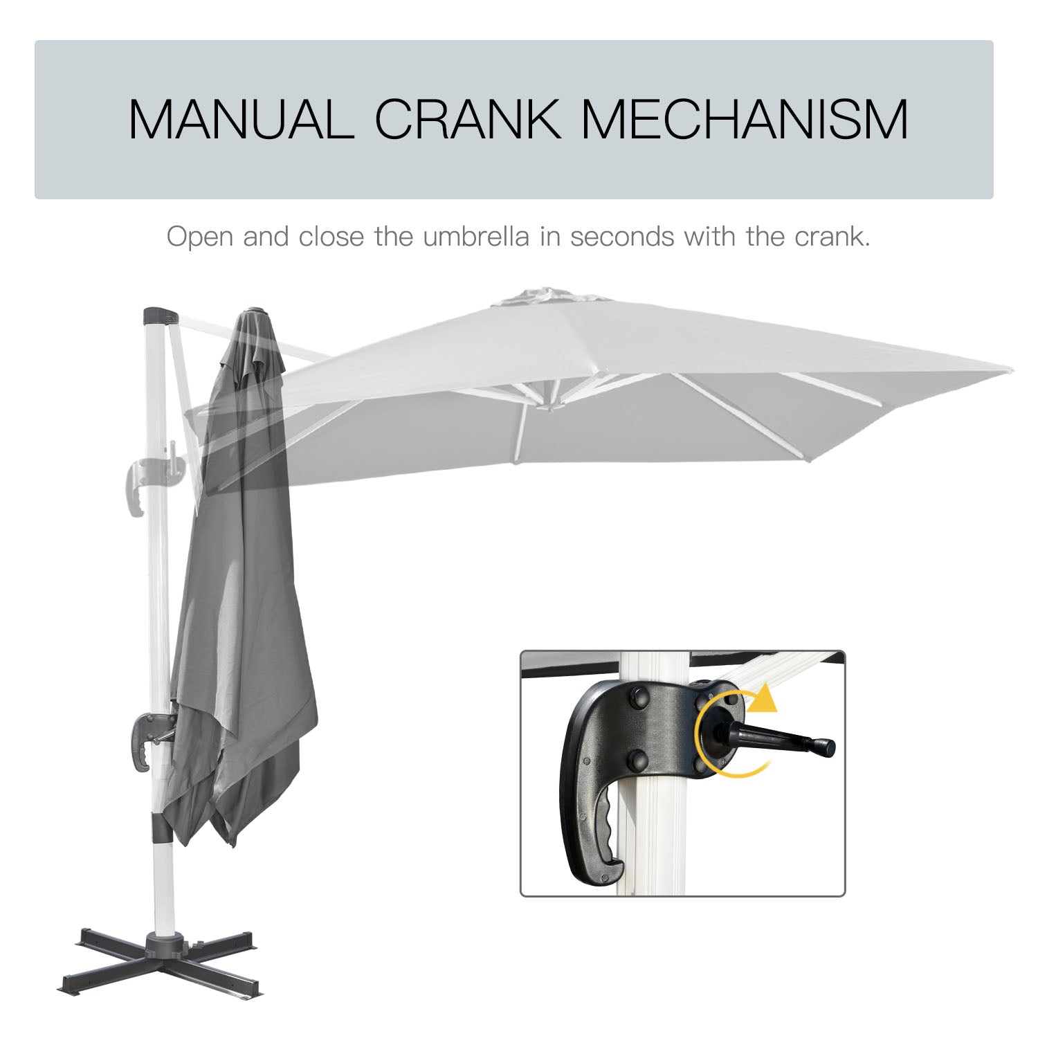 Outsunny 3 x 3(m) Cantilever Roma Parasol, Square Garden Umbrella with Cross Base, Crank Handle, Tilt, 360\'c2\'b0 Rotation and Aluminium Frame, Grey