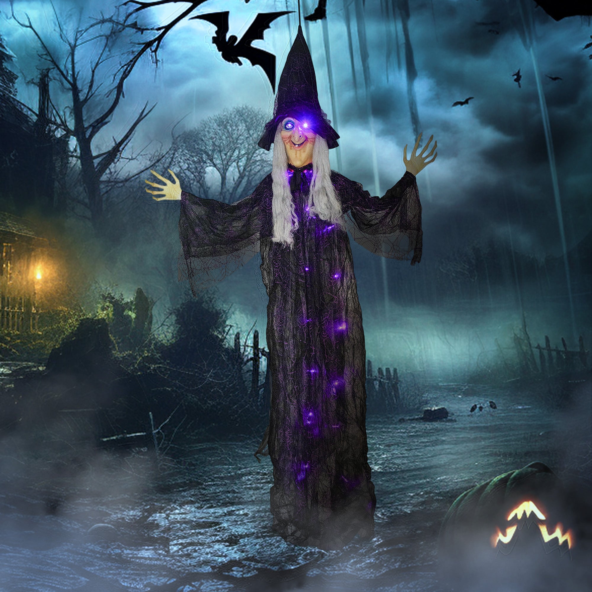 Outsunny 183 cm Life Size Halloween Animated Hanging Witch with Glowing LED Eyes & Body, Spooky Witch Scary Halloween Decorations, Battery Operated, Indoor Party Props