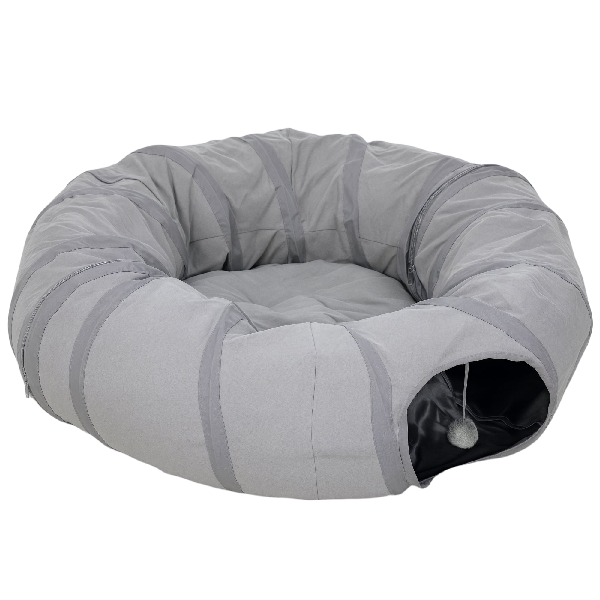 PawHut 2 in 1 Cat Tunnel with Bed, Cat Play Tunnel with Ball & Peek Hole for Indoor Cats, Grey