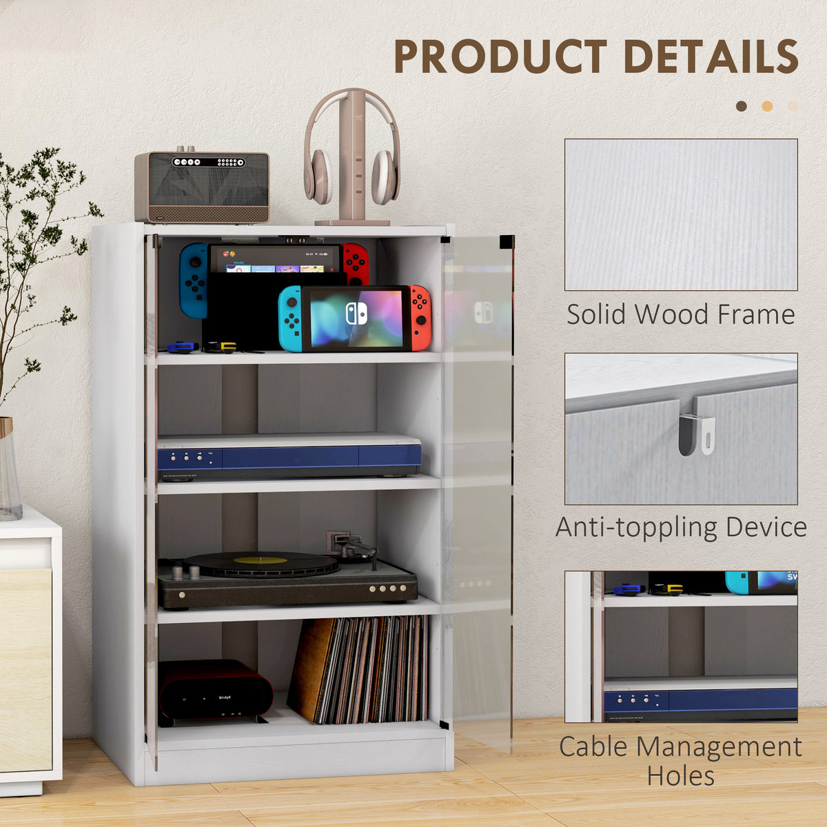 HOMCOM 4-Tier Hi-Fi Stand, Record Player Stand with Adjustable Shelves and Push-to-Open Glass Doors, White Wood-Effect