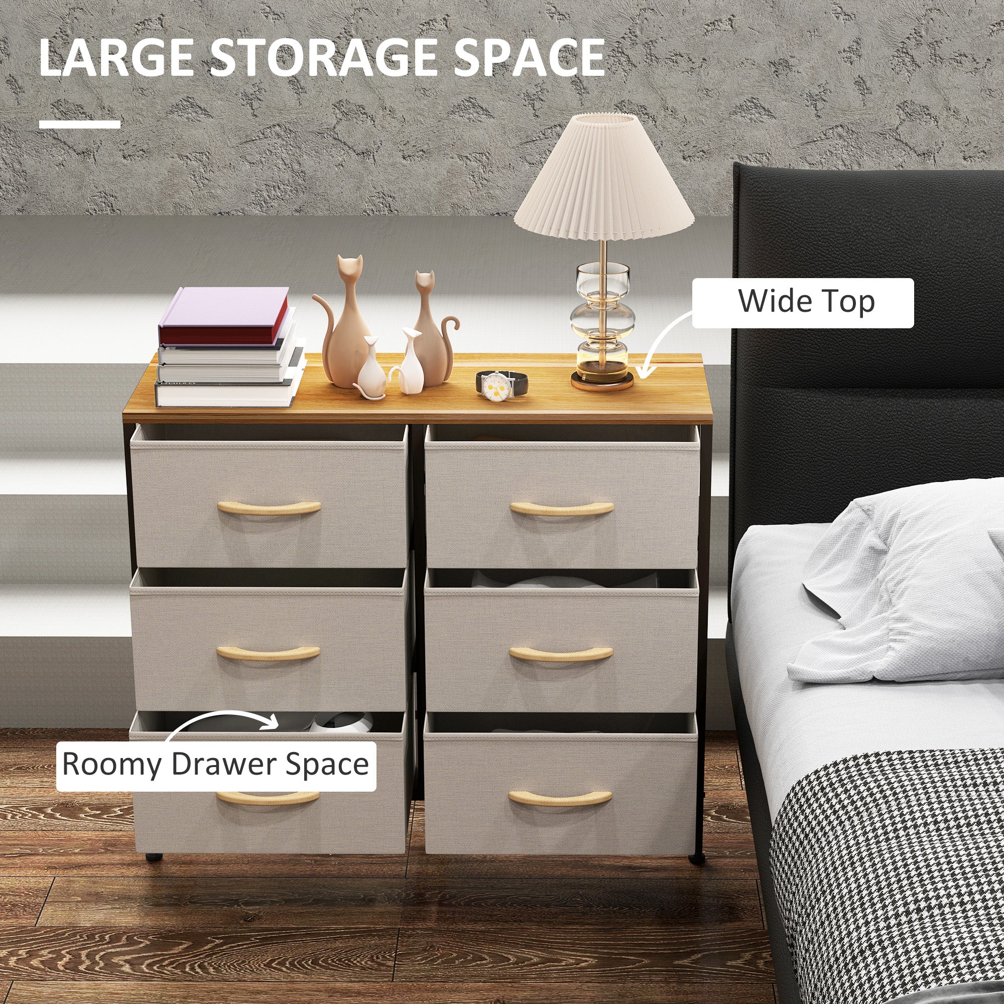 HOMCOM Fabric Chest of Drawers, Storage Drawers, Industrial Bedroom Dresser with 6 Fabric Drawers, Steel Frame and Wooden Top for Nursery, Living Room, Hallway, Cream White