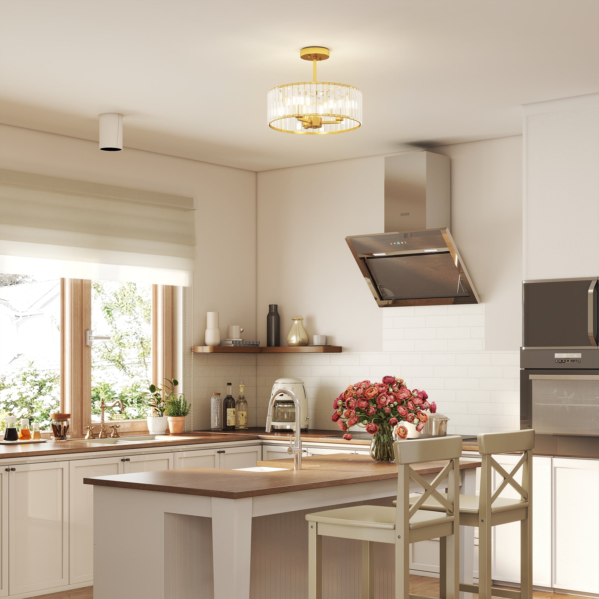 HOMCOM Crystal Ceiling Light Fixture, Semi Flush Mount Modern Crystal Chandelier Ceiling Light for Living Room, Bedroom, Hallway,  Dining Room, E14 Base 3-Lights, Gold Tone