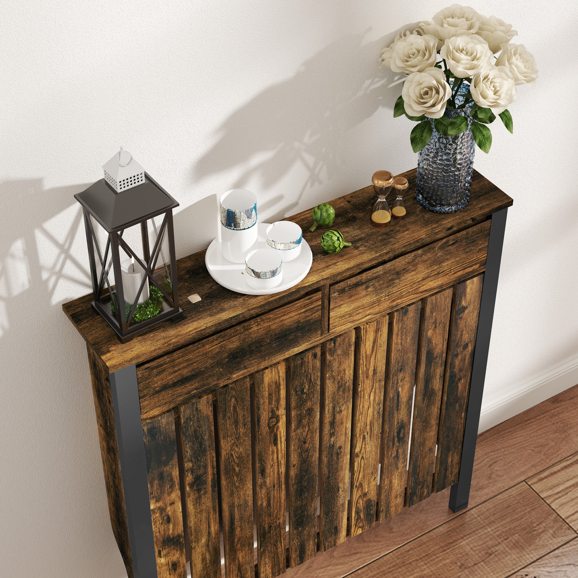 HOMCOM 93 x 88.5cm Rustic-Look Radiator Cover - Brown/Black
