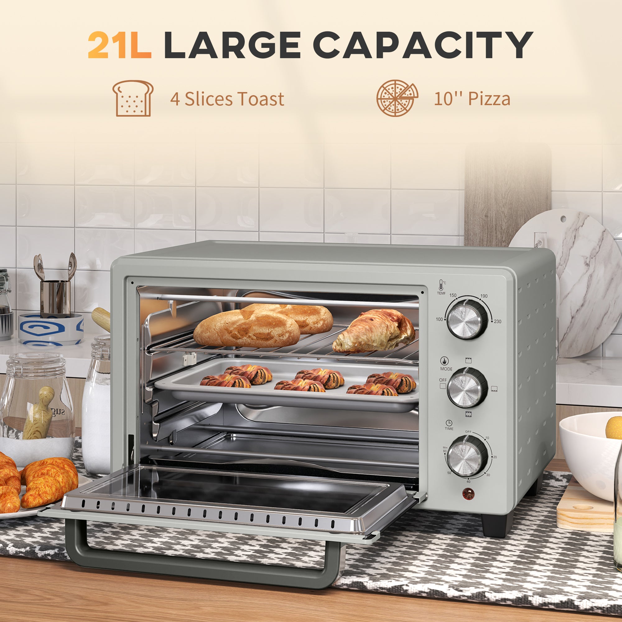 HOMCOM 21L Mini Countertop Oven, 100\'c2\'b0C-230\'c2\'b0C Adjustable Temp - Silver Tone