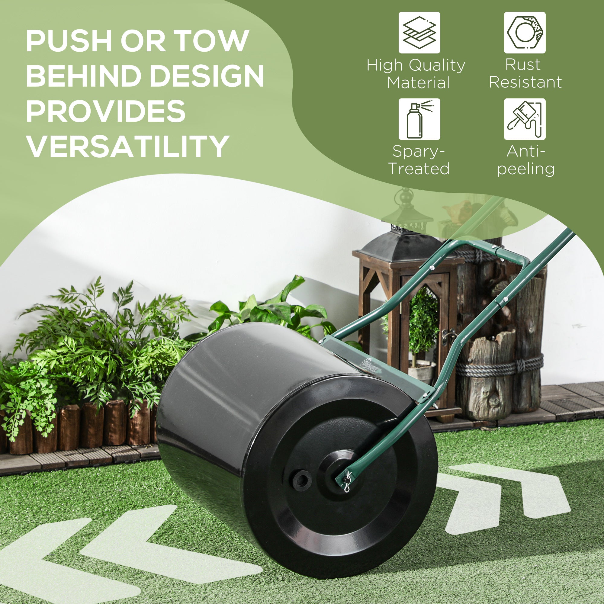 Outsunny φ50cm Steel Garden Lawn Roller Push Pull w/ Fillable Cylinder Water Sand Plug Lawn Flatten Seed Sow Rolling Drum w/ Handle