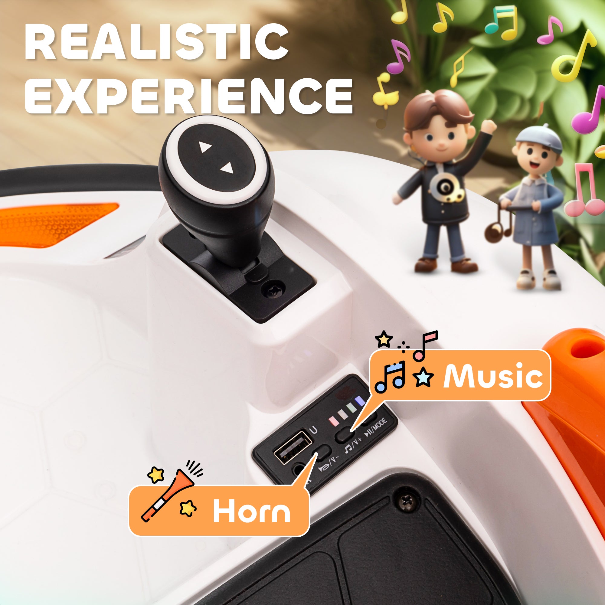 AIYAPLAY 360\'c2\'b0 Rotation Kids Bumper Car, 12V Waltzer Car with Remote Control, Dual Joysticks, Music Lights, Orange