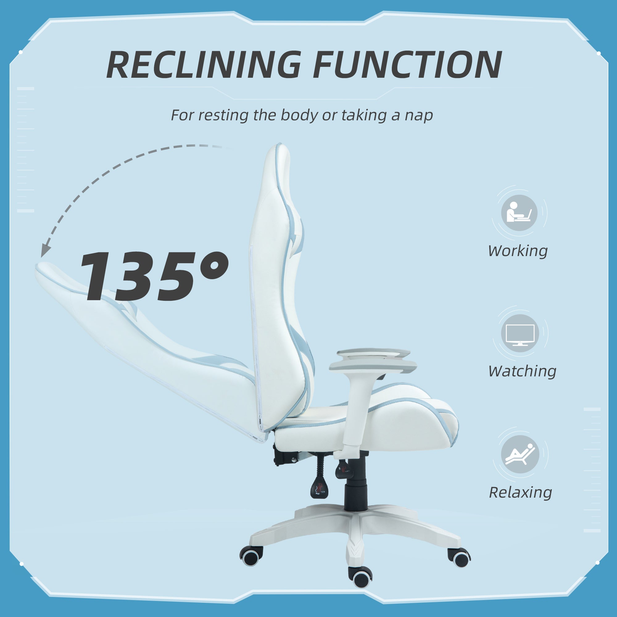 HOMCOM Faux Leather Colour Block Gaming Chair, with 135\'c2\'b0 Reclining Back - Blue/White