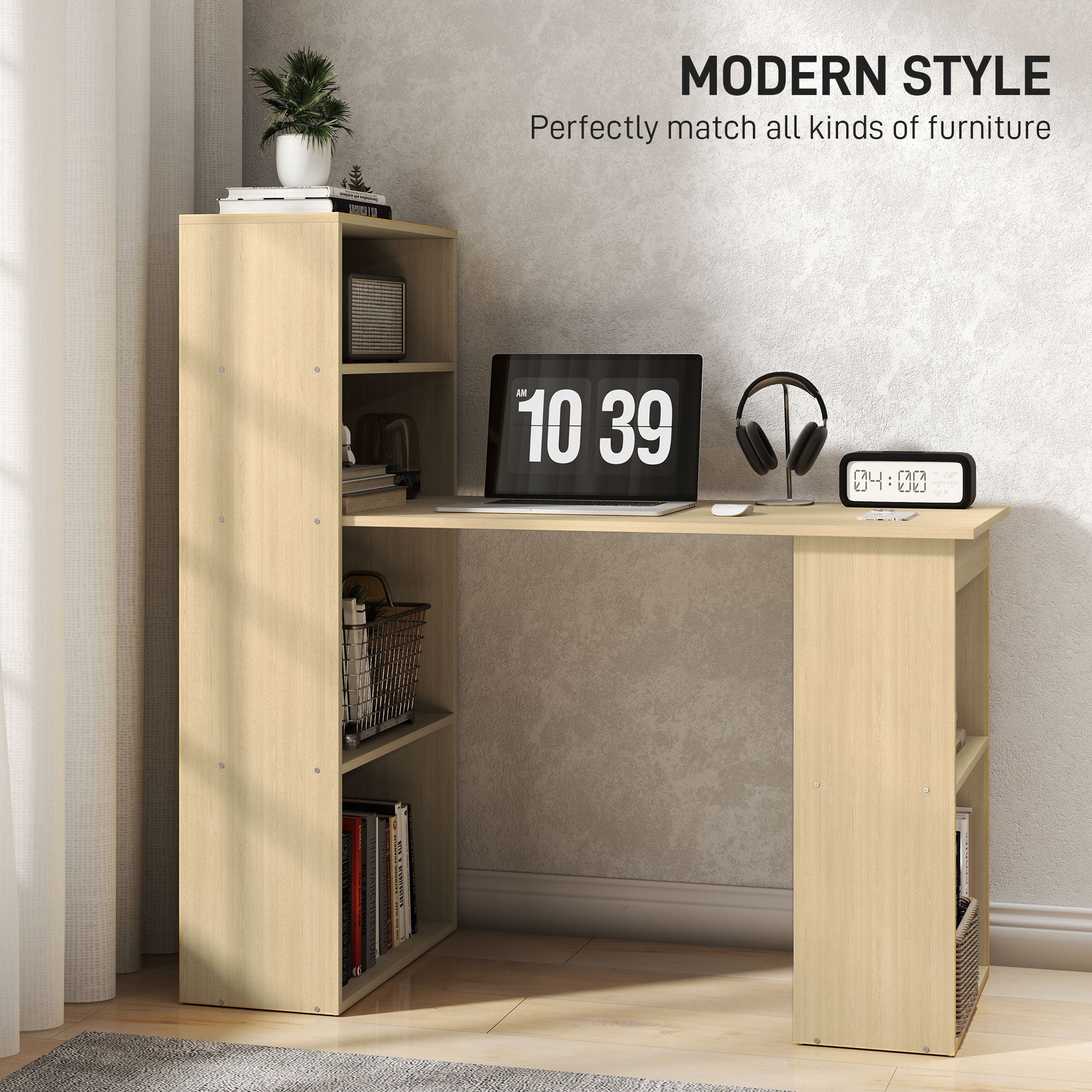 HOMCOM 120cm Modern Computer Desk Bookshelf Study Table Workstation PC Laptop Writing Home Office 6 Shelves, Natural Wood Finish