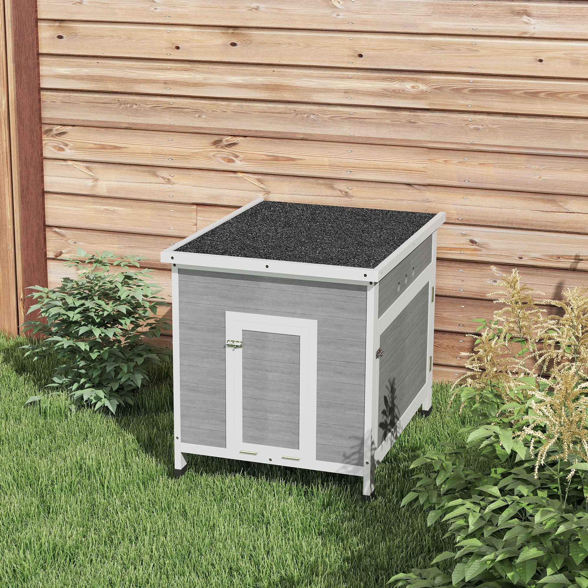 PawHut Wooden Duck House with Ramp, Double Doors, Openable Asphalt Roof, Ventilation Holes, Removable Base, Light Grey