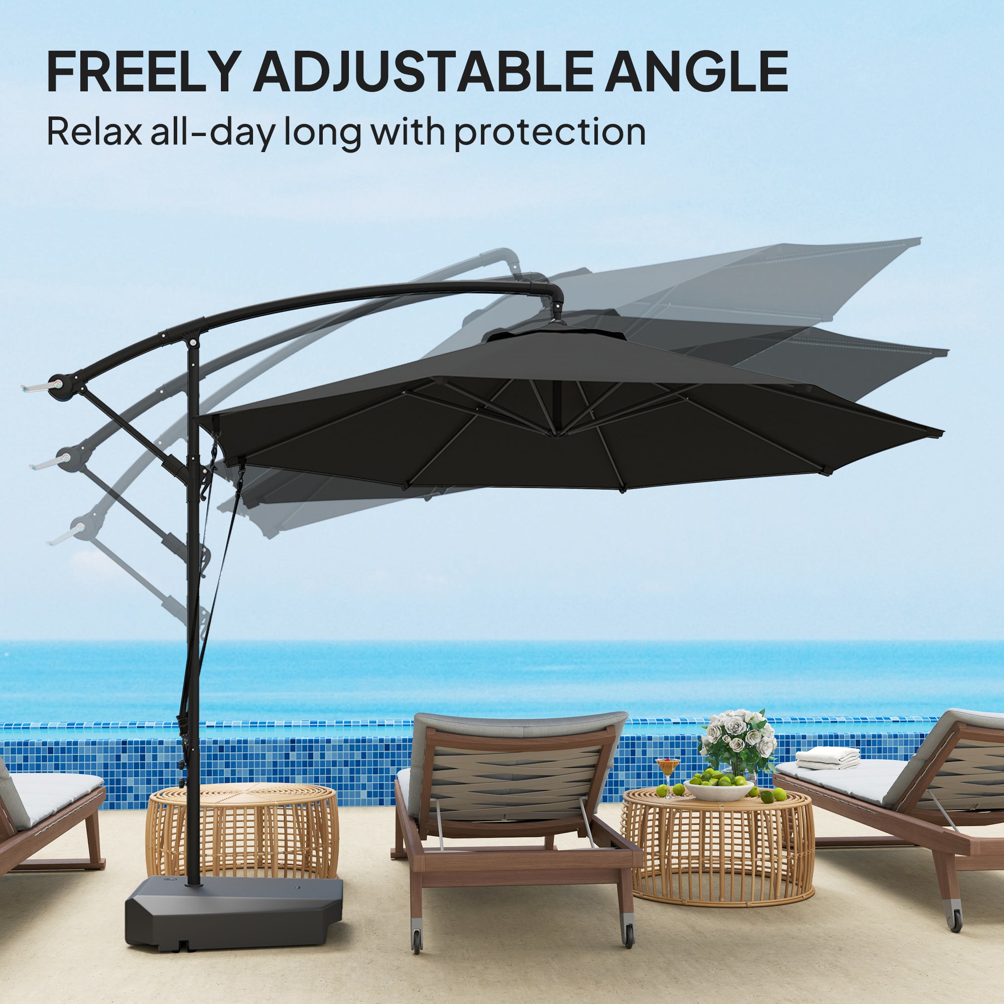 Outsunny 3(m) Garden Cantilever Parasol with Fillable Base, Wind Protection Strap, Cover, Round Banana Hanging Umbrella with Crank Handle and Tilt, Patio Umbrella for Outdoor Sun Shade, UPF50+, Grey