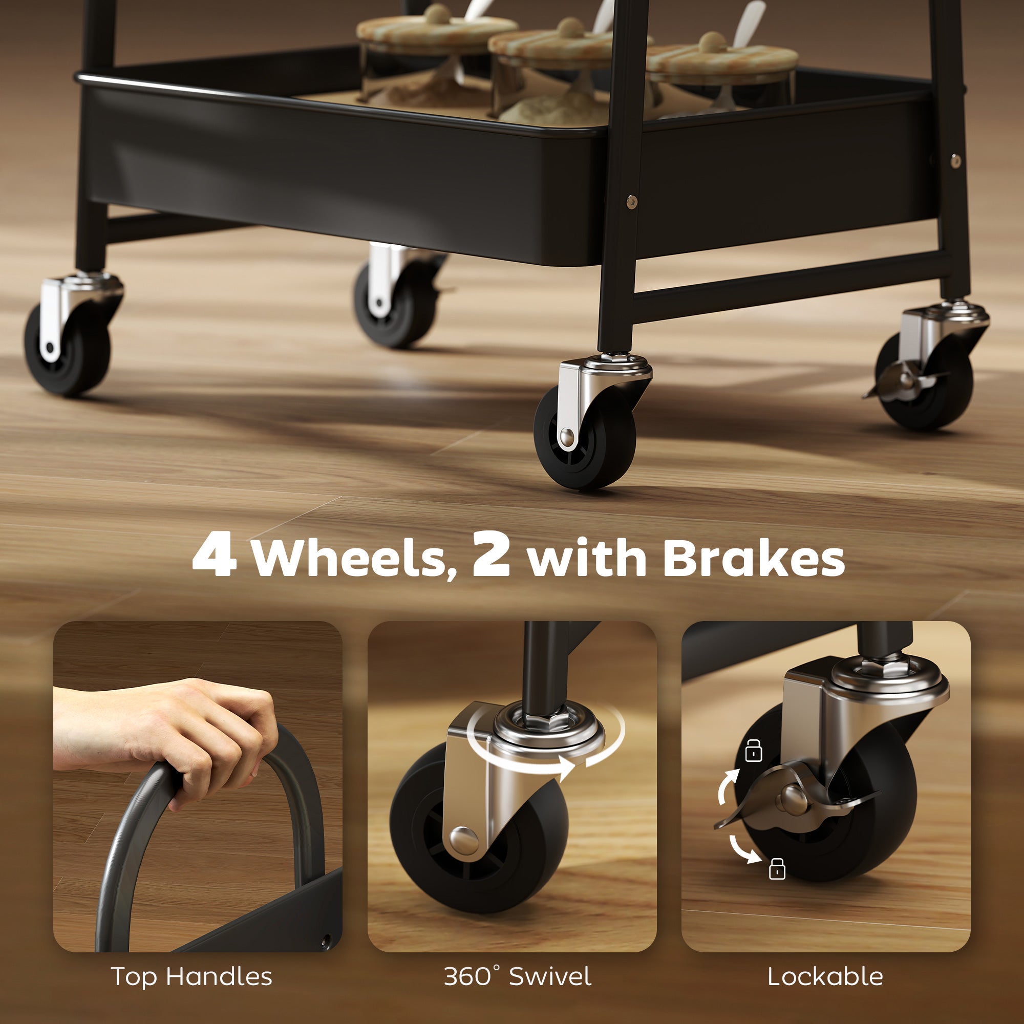 HOMCOM 3-Tier Kitchen Storage Trolley with on Wheels Cover Top Board - Rustic Brown and Black