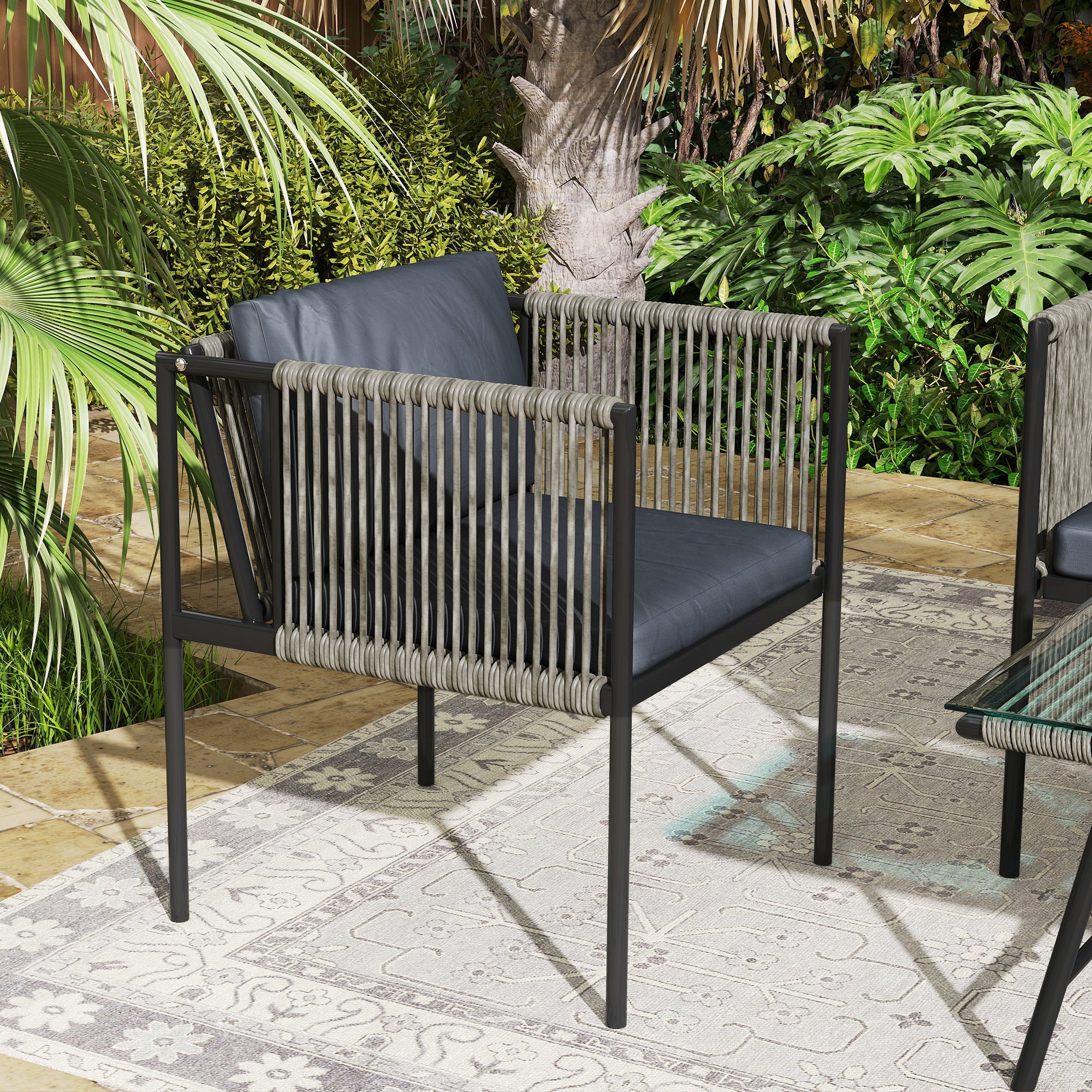 Outsunny 4 Piece Rattan Garden Furniture Set, 4 Seater Wicker Outdoor Furniture Set with 2 Armchairs, Loveseat, Glass Top Coffee Table and Cushions for Balcony, Porch, Grey