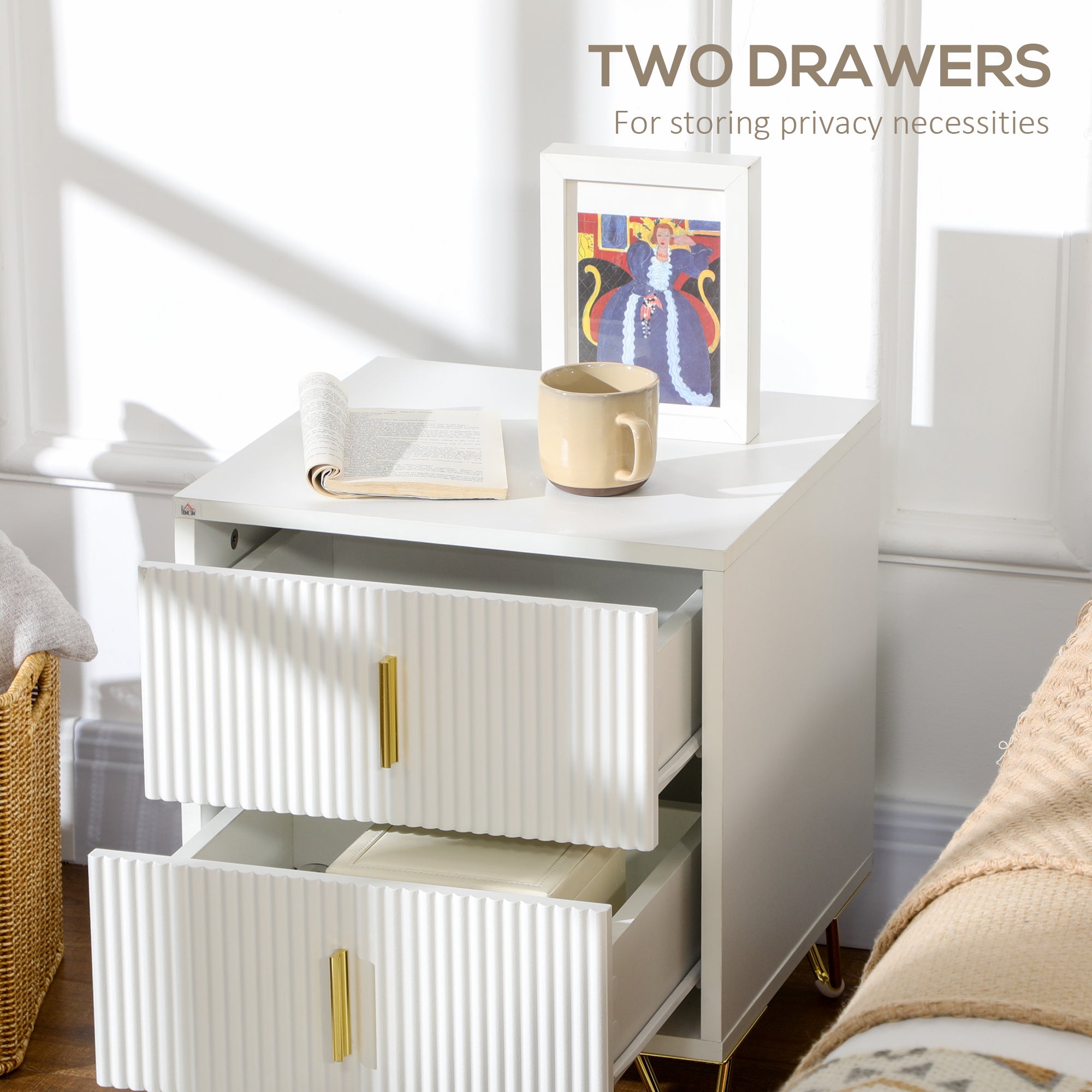 Set of 2 Elegant Chest of Two Drawers - White/Gold-Tone