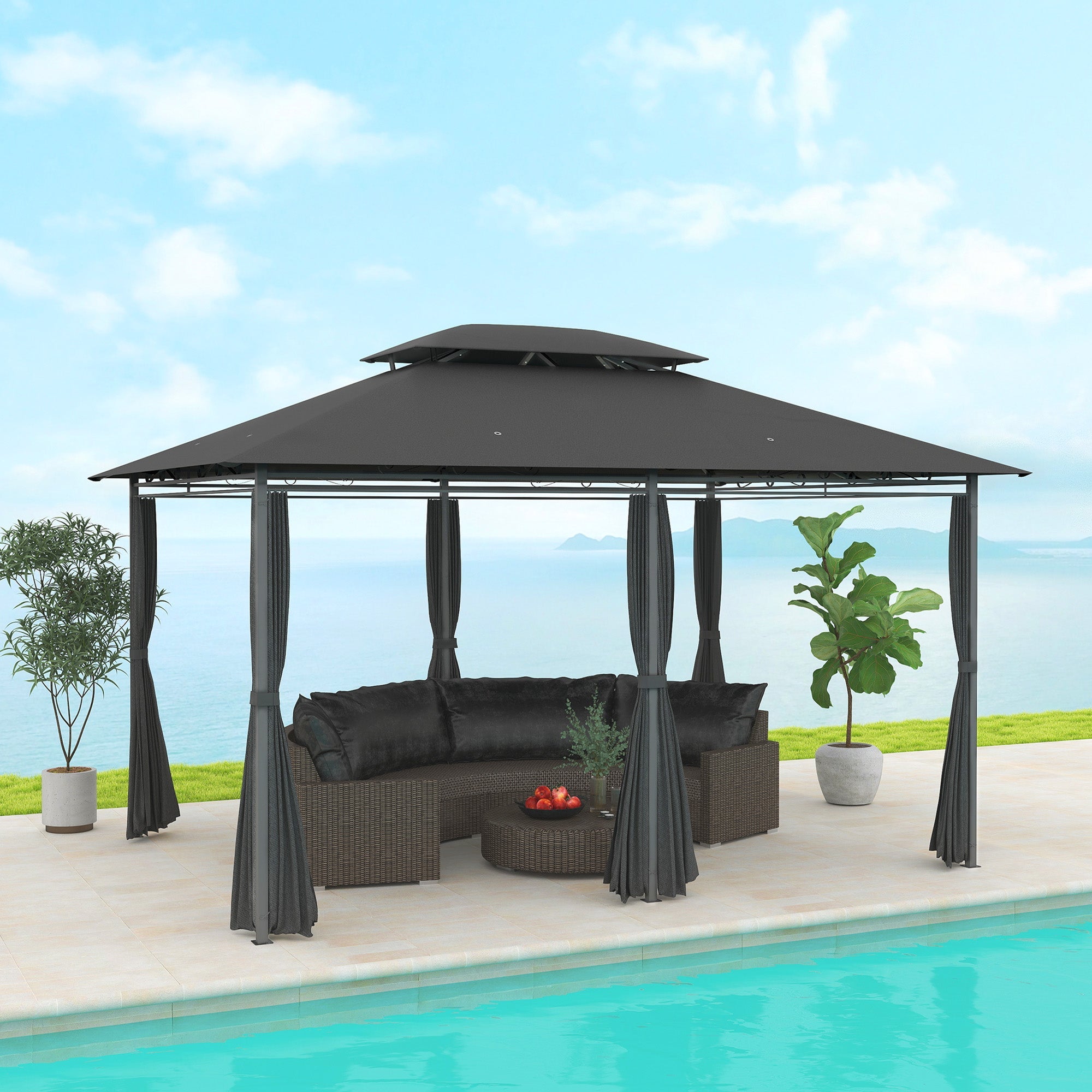 Outsunny 3 x 4m Steel Gazebo, with Curtains - Black