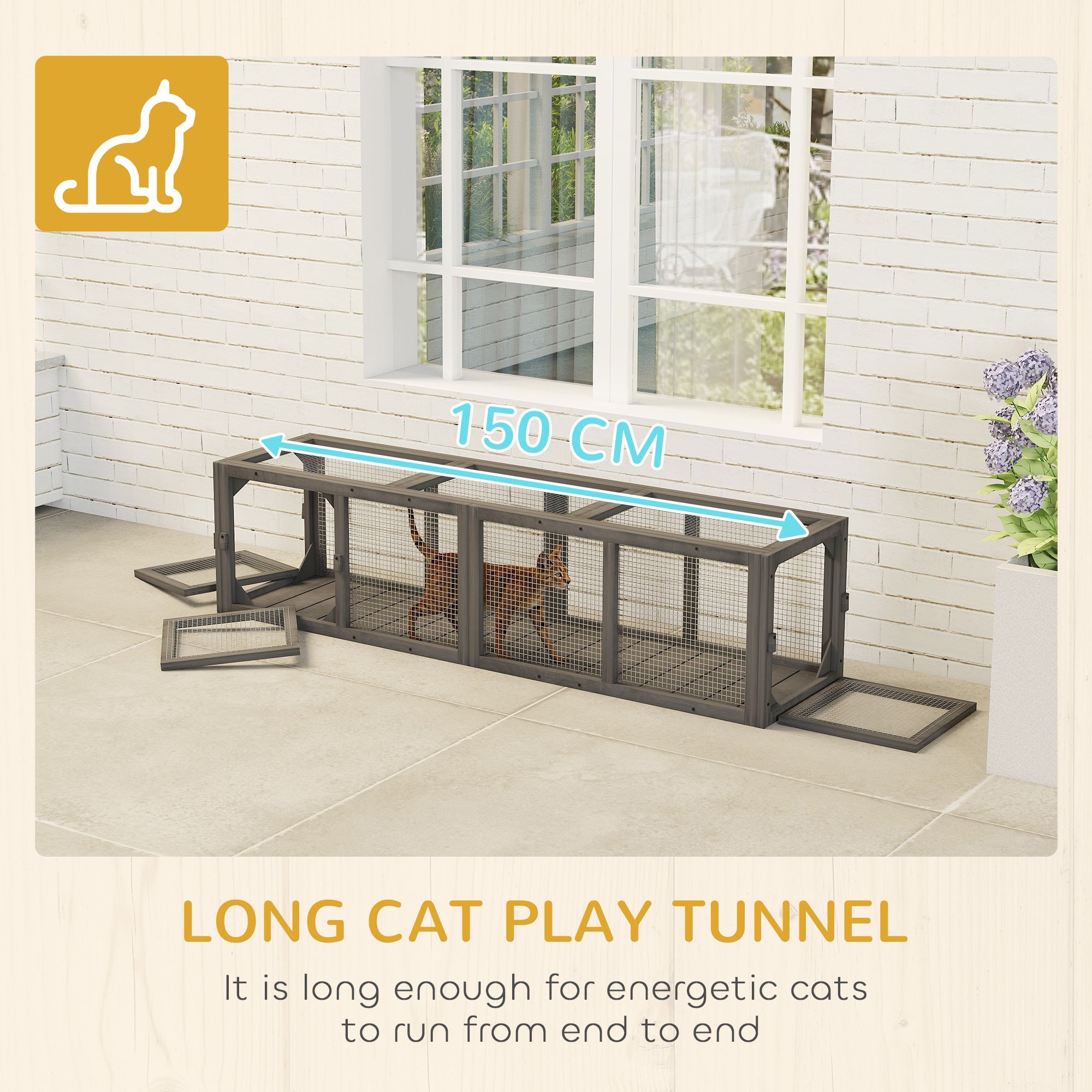 PawHut Outdoor Cat Tunnel, Wooden Play Cat Enclosure, Extendable Pet Run with 3 Doors, for Indoor and Outdoor Use, Grey