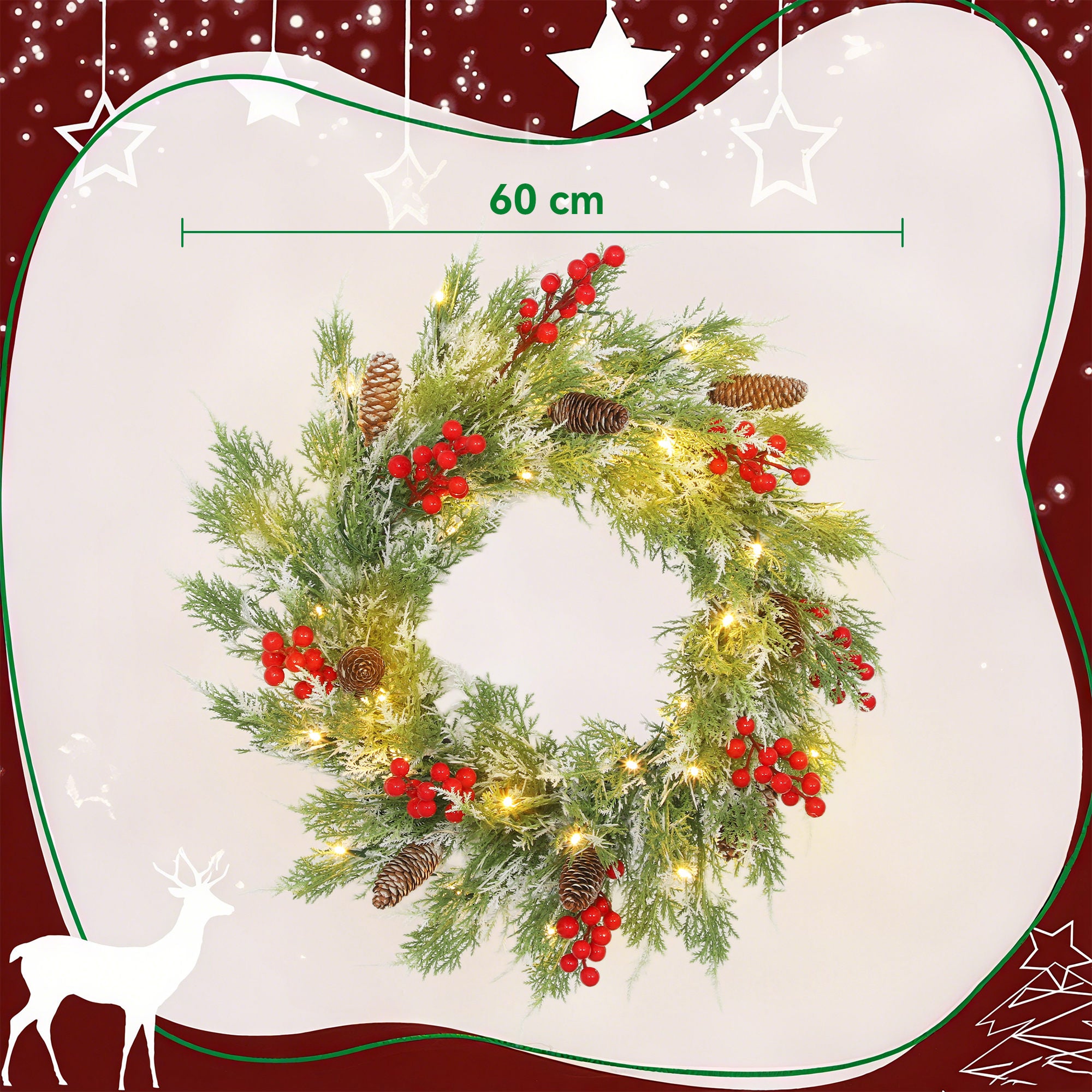HOMCOM 60 cm Prelit Christmas Wreath, Door Wreath with Realistic Branches, 30 Warm White LEDs, Timer, Battery Operated