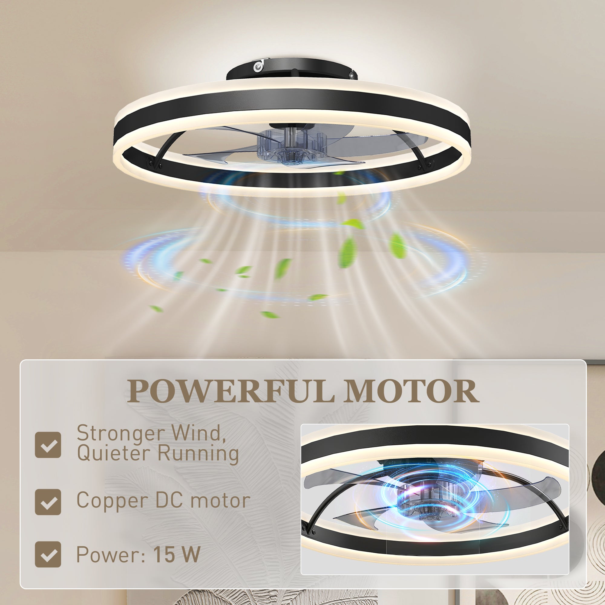 HOMCOM Ceiling Fan with Light and Remote, LED Mount Ceiling Fan with 3 Colour Temperatures, 6 Speed, 50 cm, Black