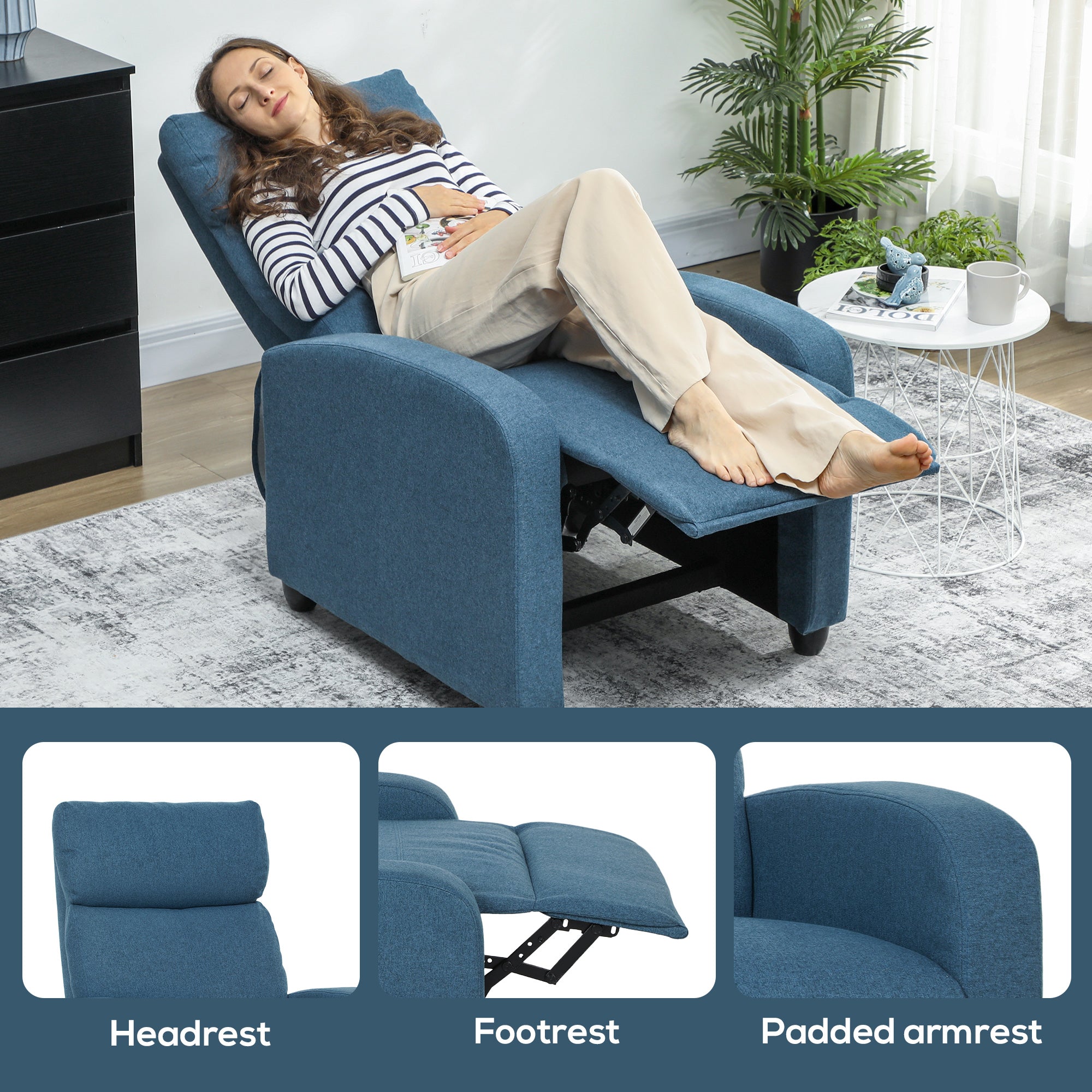 HOMCOM 135° Push Back Recliner Armchair, with Footrest - Blue