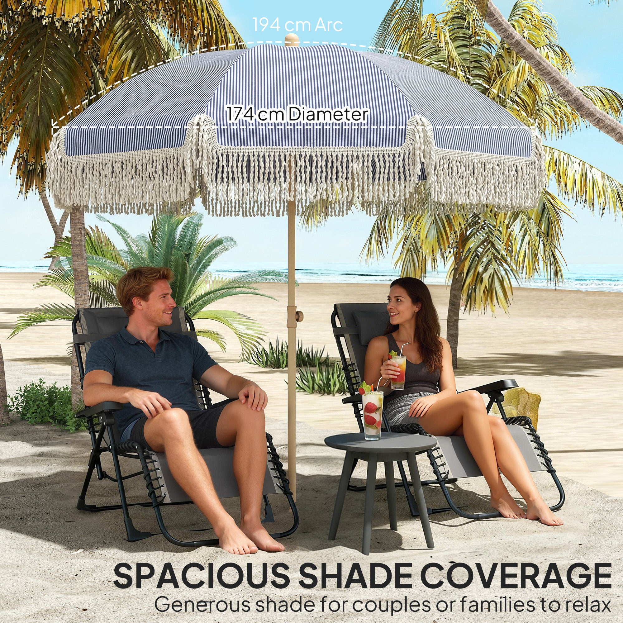 Outsunny 1.7 m Beach Umbrella with Sand Anchor, 30° Tilting Fringed Beach Garden Parasol with Adjustable Height, Blue