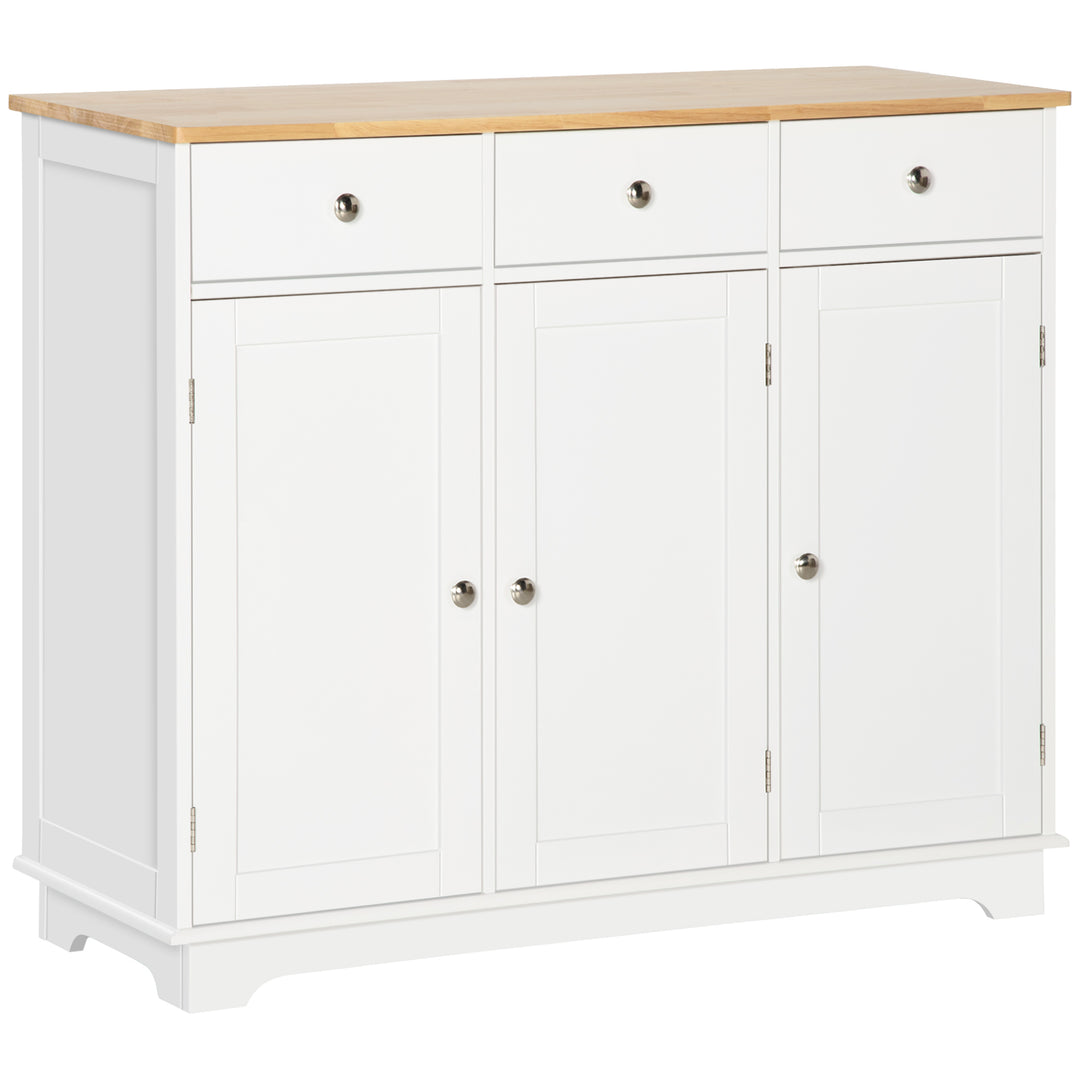 HOMCOM Modern Sideboard with Rubberwood Top, Buffet Cabinet with Storage Cabinets, Drawers and Adjustable Shelves for Living Room, Kitchen, White